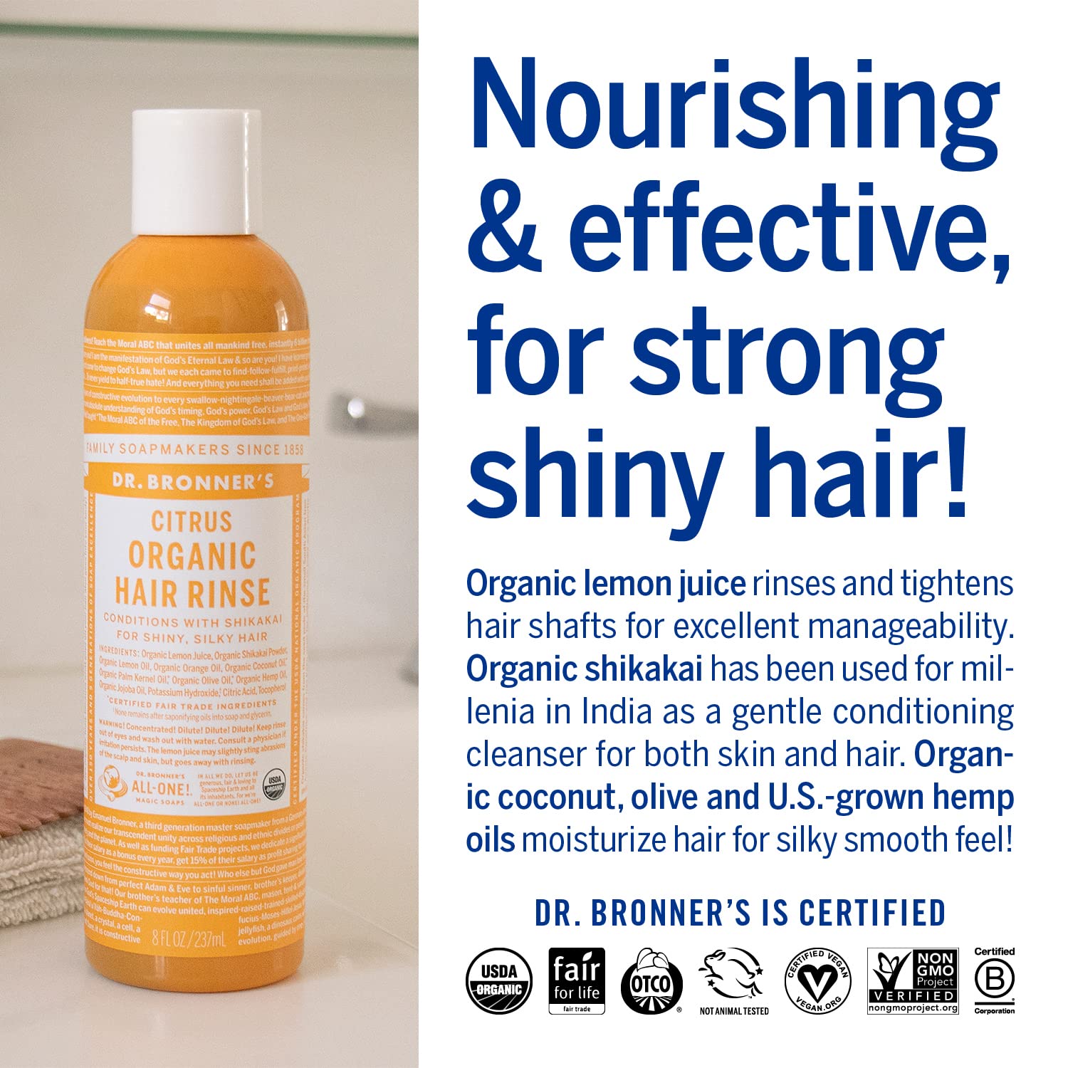 Dr. Bronner's Organic Hair Rinse – Citrus Orange (2-Pack) | Lightweight Conditioning with Shikakai & Oils