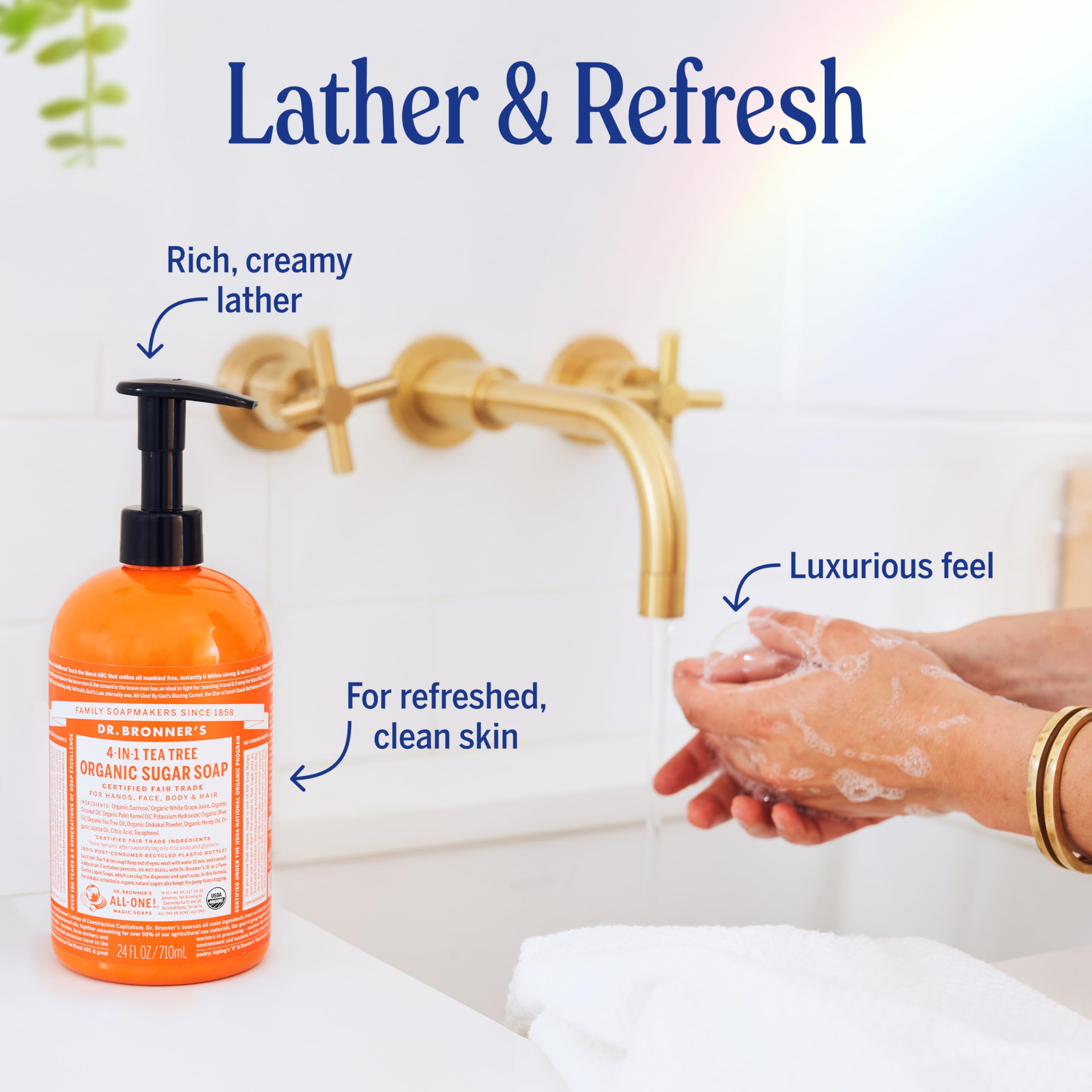 Dr. Bronner's Organic Sugar Soap Tea Tree 64oz – 4-in-1 Cleanser for Hands, Body, Face & Hair | Vegan