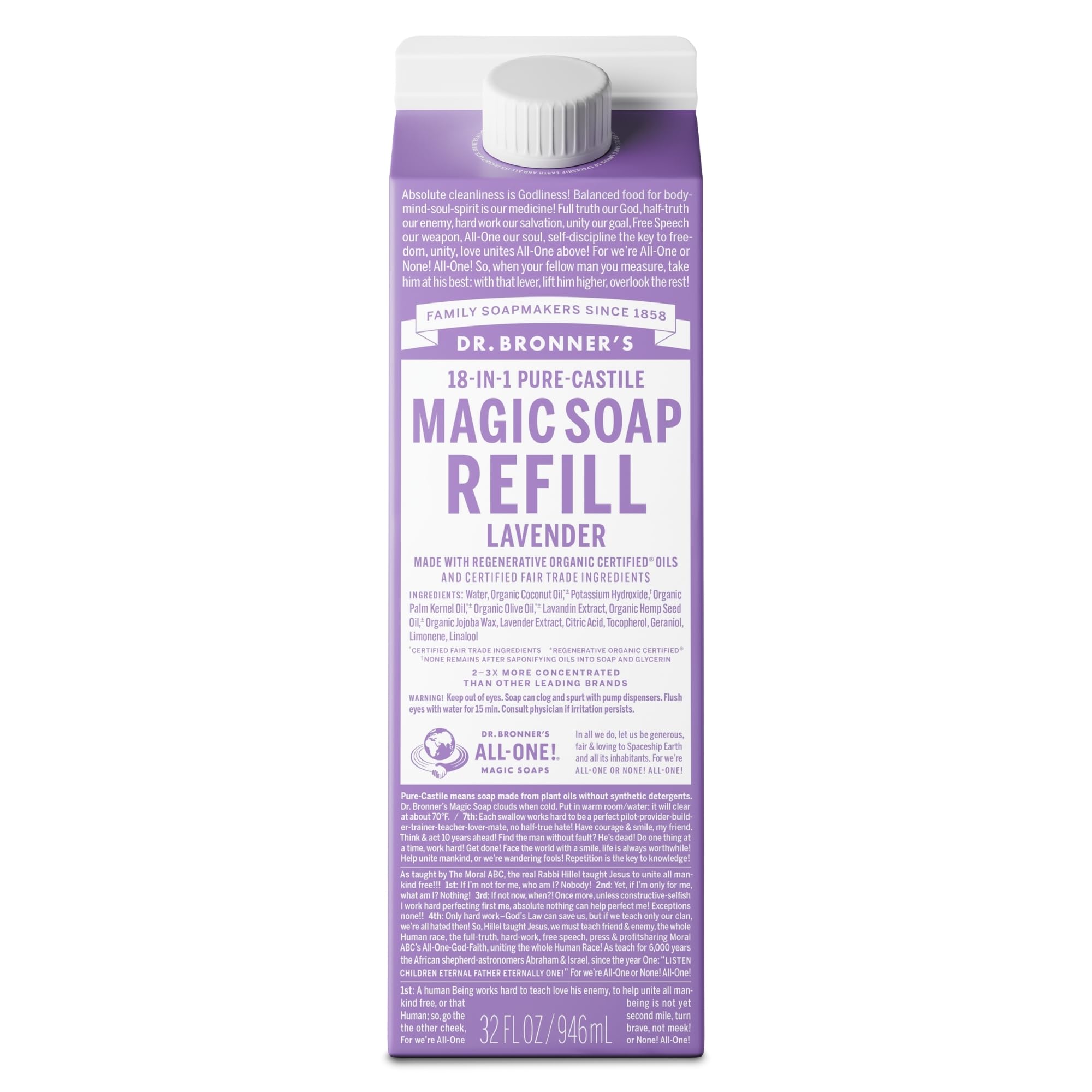 Dr. Bronner's Lavender Pure-Castile Soap Refill – Regenerative Oils, 32oz, 86% Less Plastic
