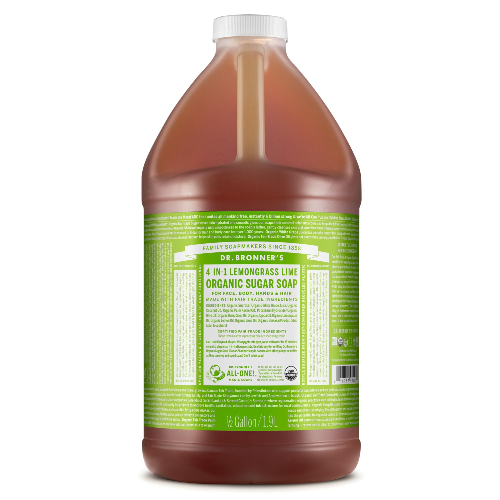 Dr. Bronner's Organic Sugar Soap (Lemongrass, 64 oz) - 4-in-1 Use: Hands, Body, Face & Hair