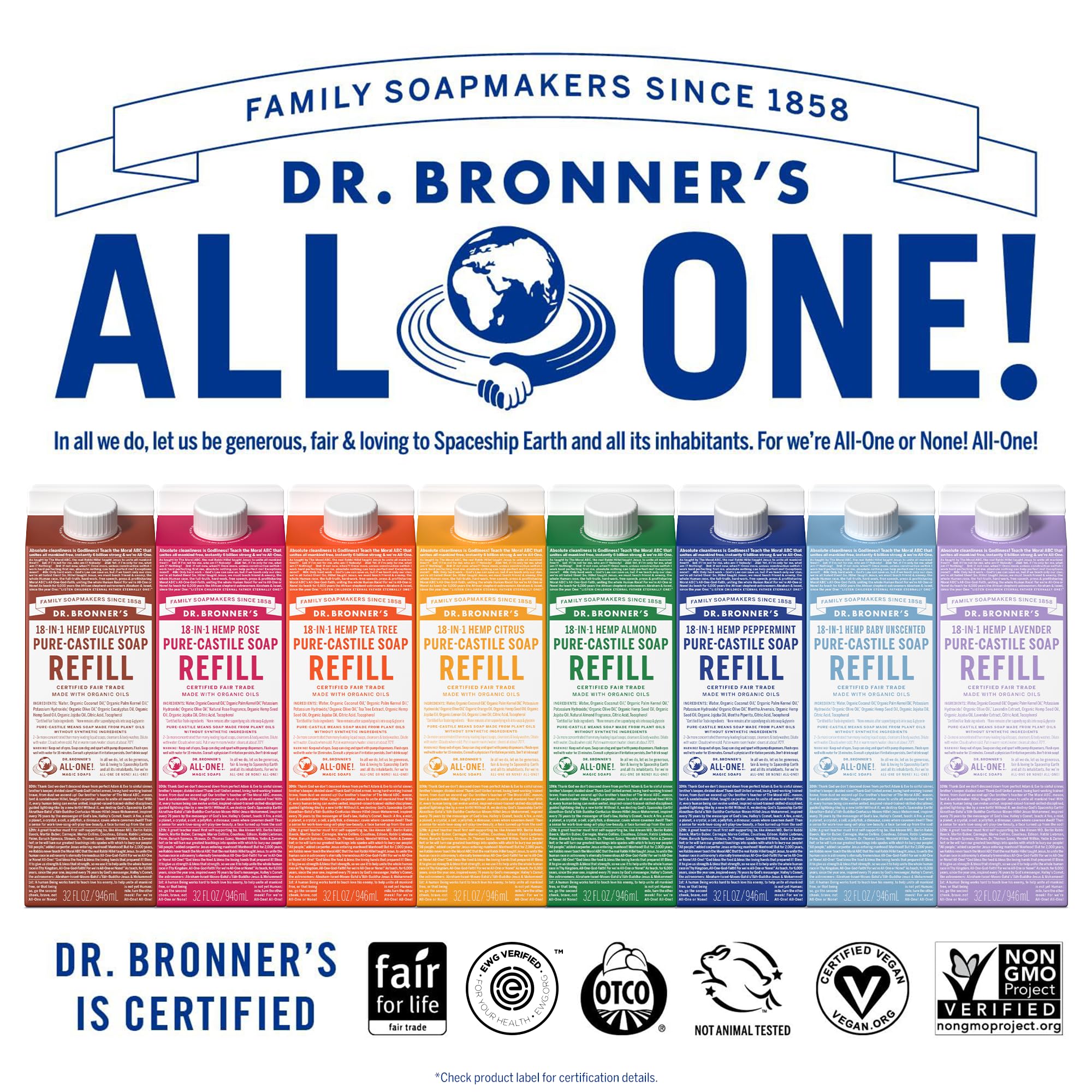 Dr. Bronner's Pure-Castile Soap Refill (32oz) – Regenerative Organic Oils, 86% Less Plastic, Baby Unscented, 18-in-1 Uses