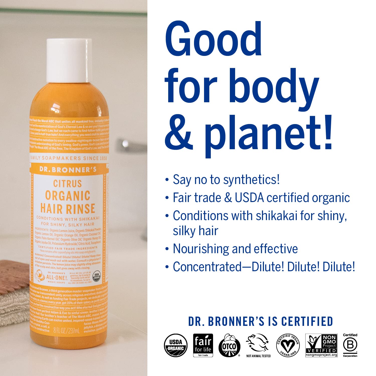 Dr. Bronner's Organic Hair Rinse – Citrus Orange (2-Pack) | Lightweight Conditioning with Shikakai & Oils