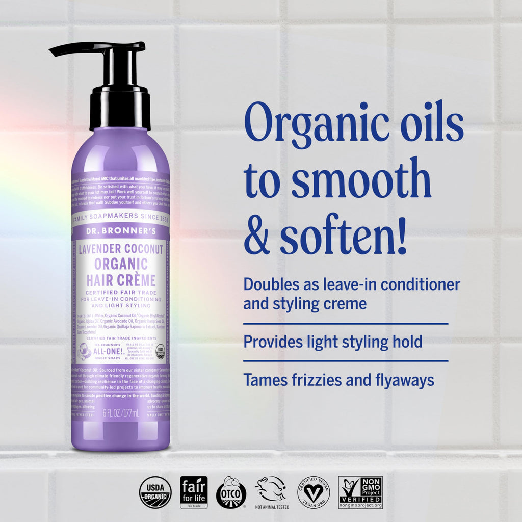 Dr. Bronner's Organic Hair Crème Lavender Coconut – Leave-In Conditioner & Styling Cream (6oz, 2-Pack)