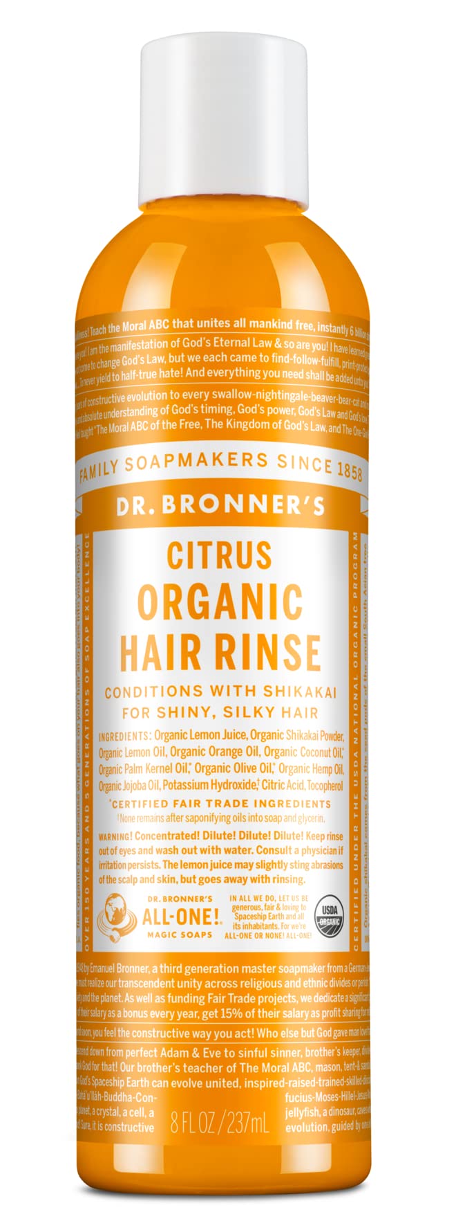 Dr. Bronner's Organic Hair Rinse – Citrus Orange, 8 oz | Lightweight Conditioning for Smooth Hair