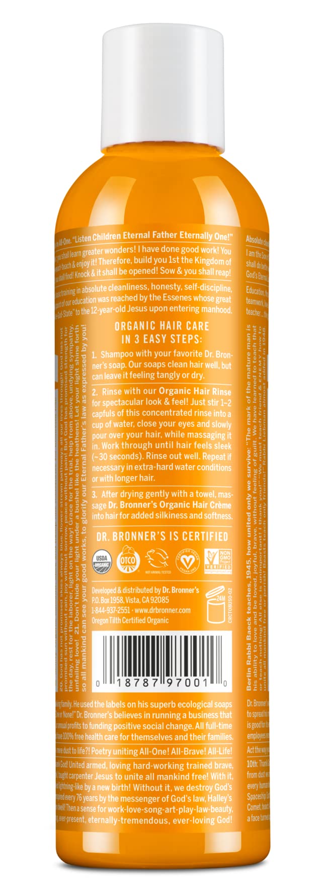Dr. Bronner's Organic Hair Rinse – Citrus Orange, 8 oz | Lightweight Conditioning for Smooth Hair