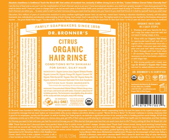 Dr. Bronner's Organic Hair Rinse – Citrus Orange, 8 oz | Lightweight Conditioning for Smooth Hair