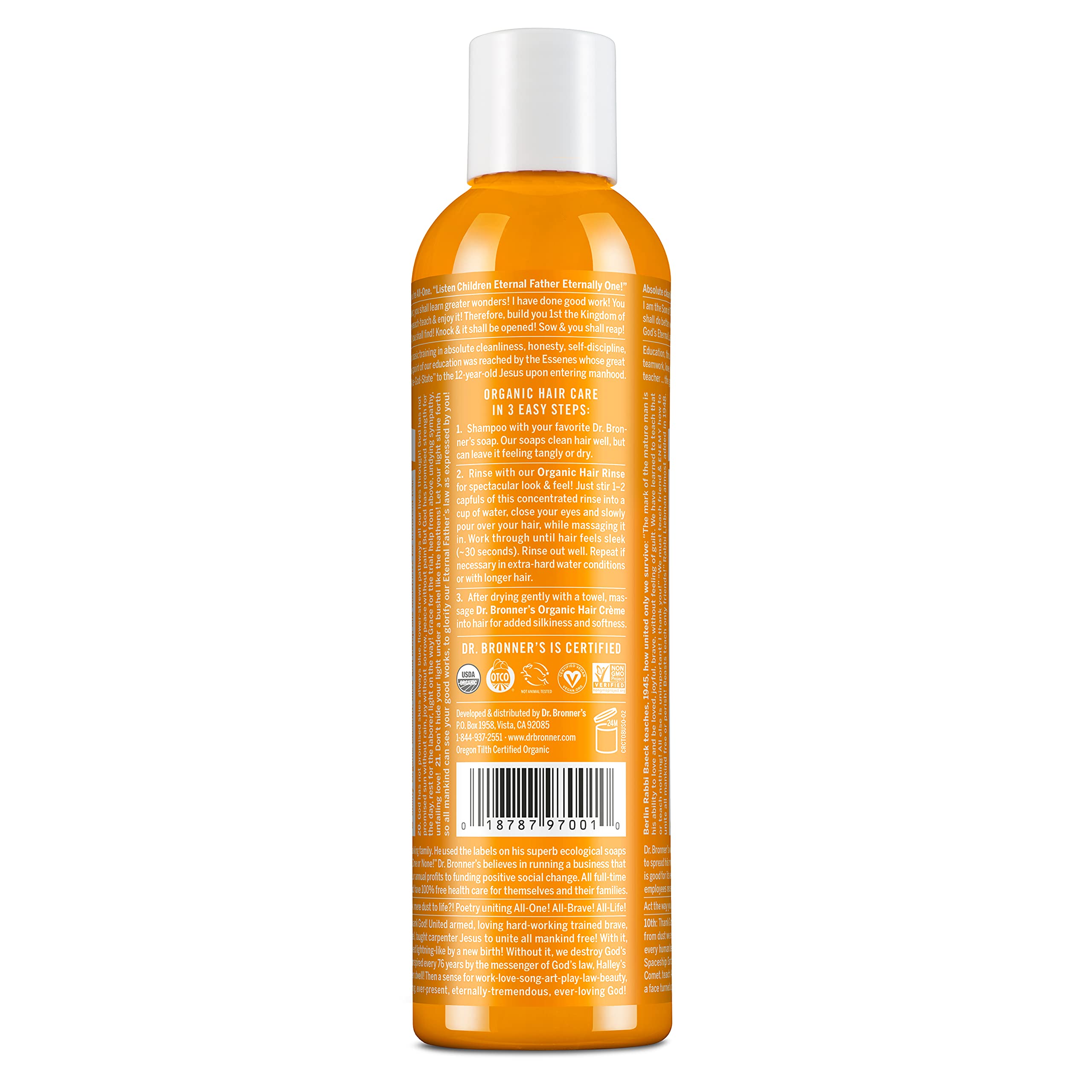 Dr. Bronner's Organic Hair Rinse – Citrus Orange (2-Pack) | Lightweight Conditioning with Shikakai & Oils