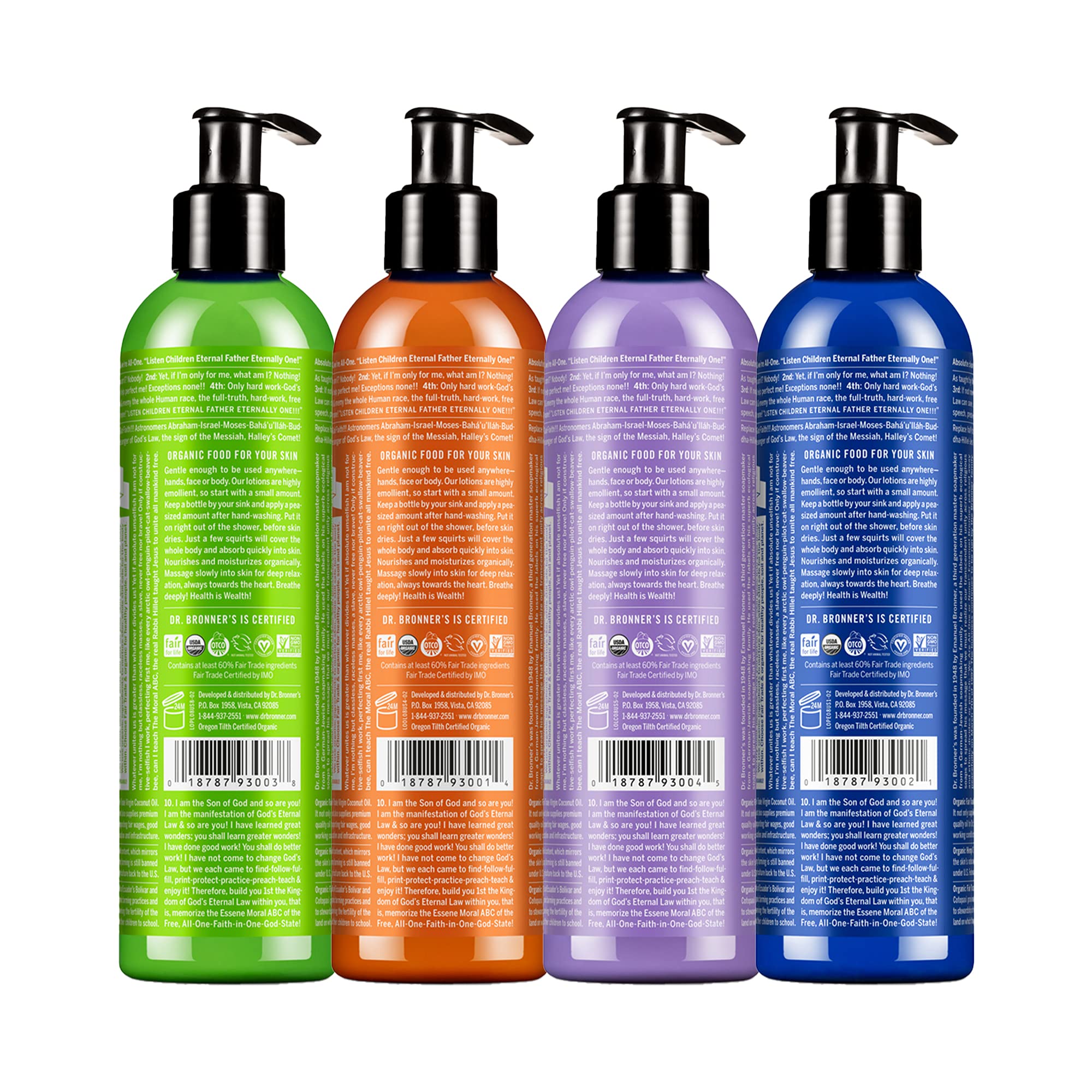 Dr. Bronner's Organic Lotion Variety Pack (8 oz) – Peppermint, Lavender Coconut, Orange Lavender & Patchouli Lime | Body Lotion & Moisturizer