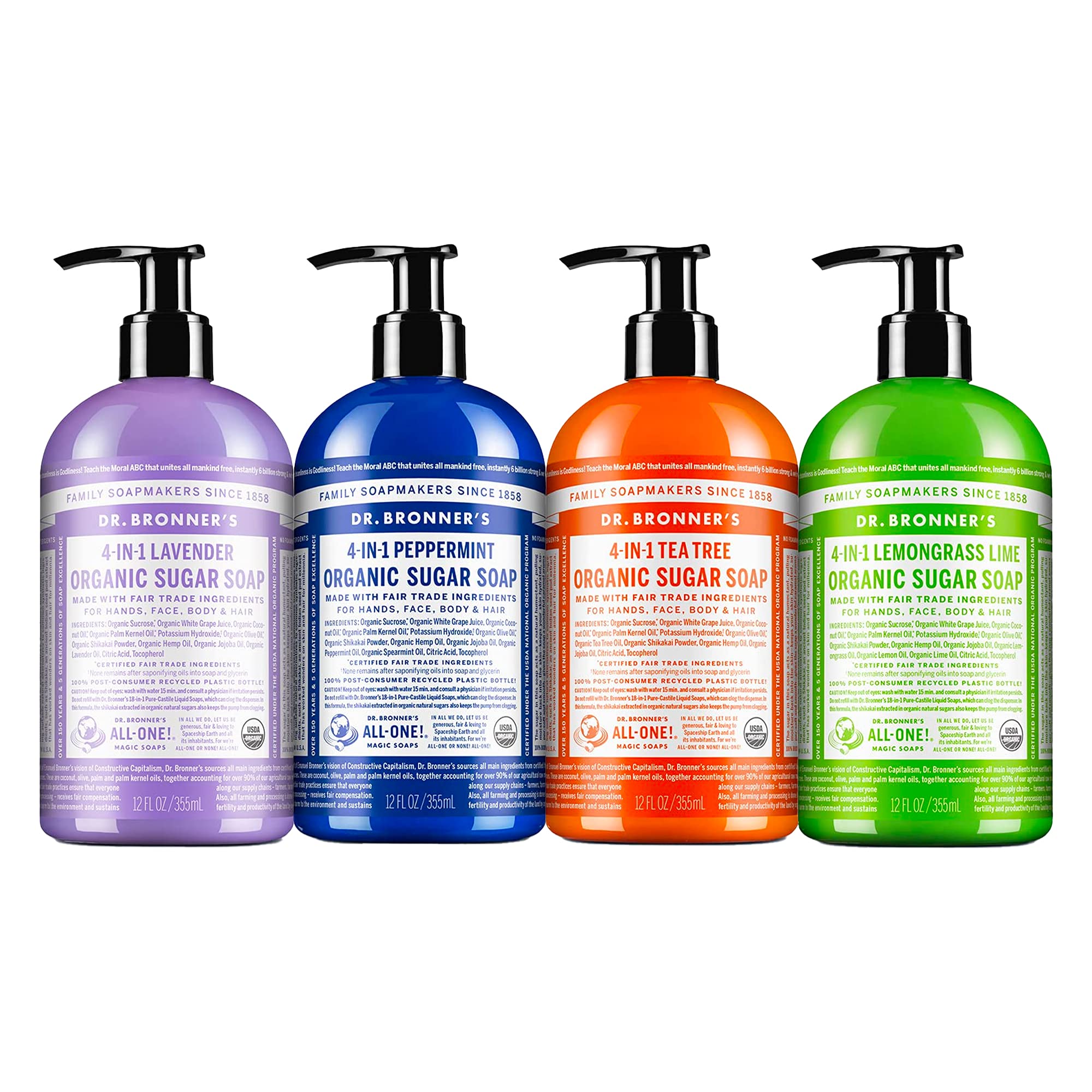 Dr. Bronner's Organic Sugar Soap Variety Pack – Lavender, Peppermint, Tea Tree, Lemongrass (4 x 12 oz)