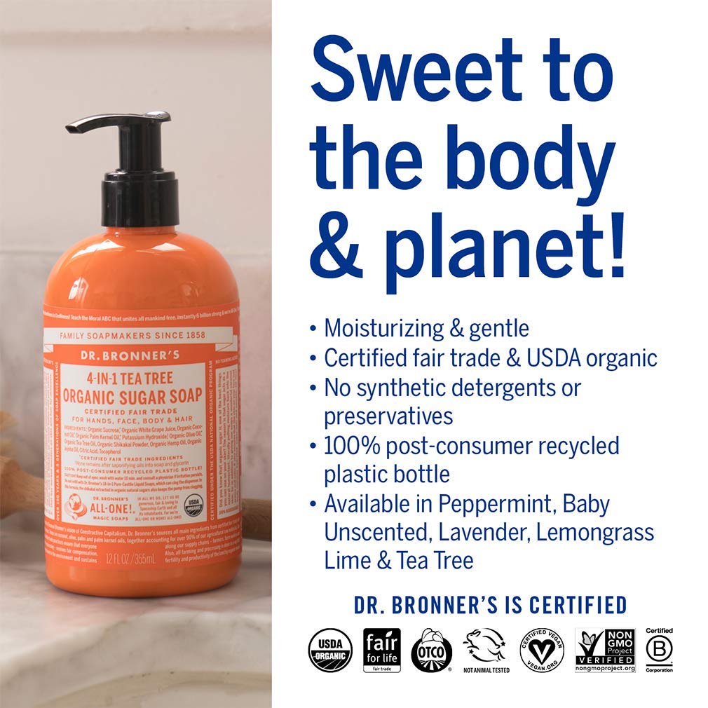 Dr. Bronner's Organic Sugar Soap Variety Pack – Lavender, Peppermint, Tea Tree, Lemongrass (4 x 12 oz)