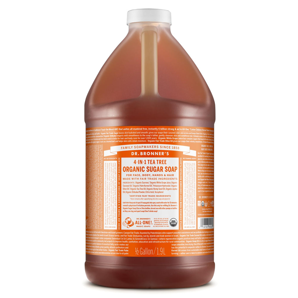 Dr. Bronner's Organic Sugar Soap Tea Tree 64oz – 4-in-1 Cleanser for Hands, Body, Face & Hair | Vegan