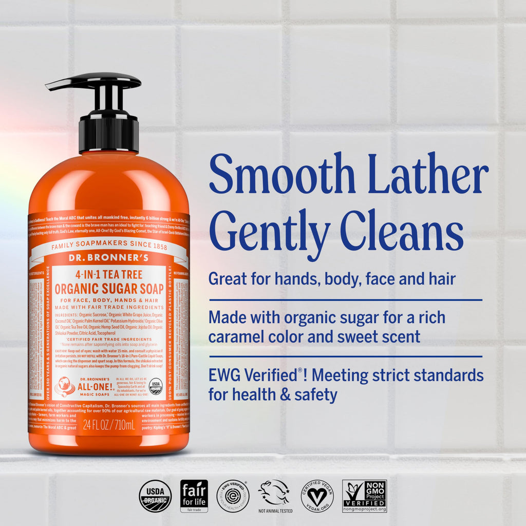 Dr. Bronner's Organic Sugar Soap Tea Tree 64oz – 4-in-1 Cleanser for Hands, Body, Face & Hair | Vegan