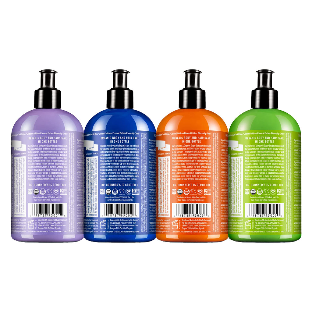 Dr. Bronner's Organic Sugar Soap Variety Pack – Lavender, Peppermint, Tea Tree, Lemongrass (4 x 12 oz)