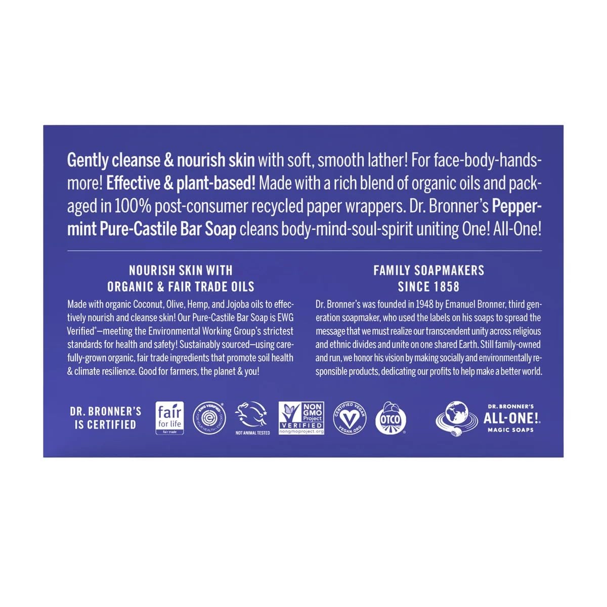 Dr. Bronner's Pure Castile Peppermint Bar Soap – 5 oz, Pack of 6 | Organic Oils