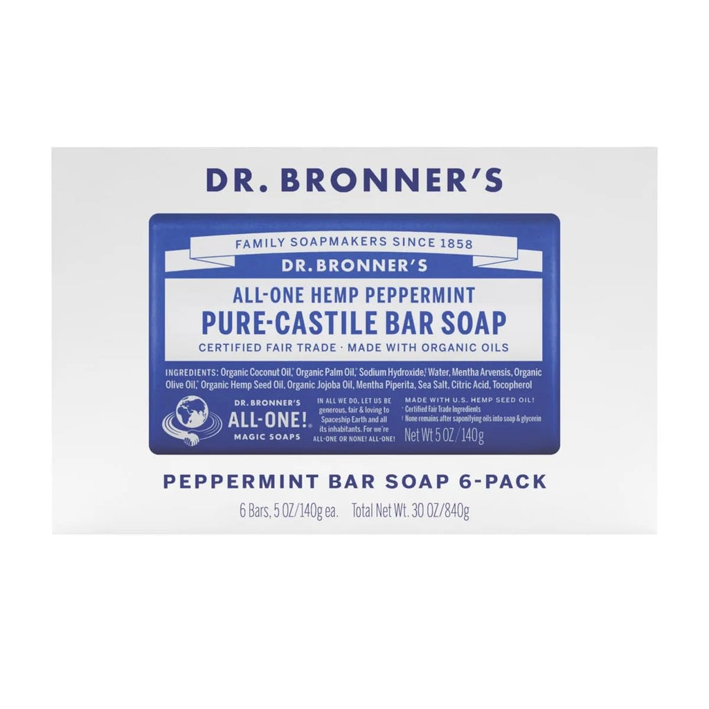Dr. Bronner's Pure Castile Peppermint Bar Soap – 5 oz, Pack of 6 | Organic Oils