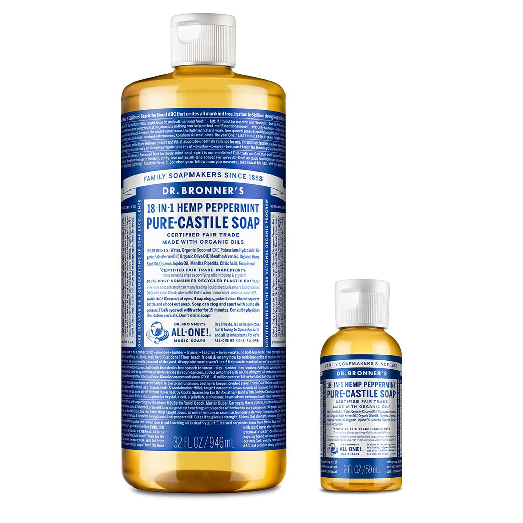 Dr. Bronner's Peppermint Pure-Castile Liquid Soap – 32oz & 2oz Bundle, 18-in-1 Uses, Organic Oils, Vegan, Cruelty-Free