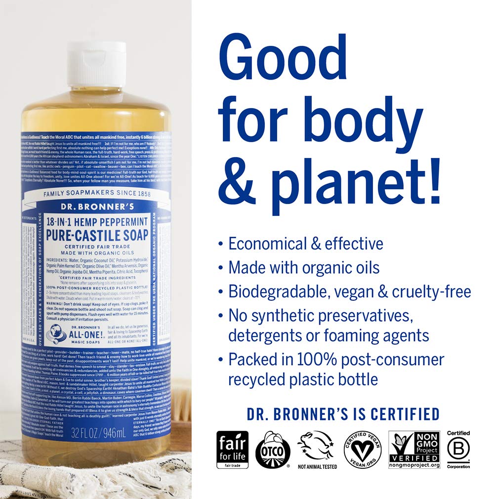 Dr. Bronner's Peppermint Pure-Castile Liquid Soap – 32oz & 2oz Bundle, 18-in-1 Uses, Organic Oils, Vegan, Cruelty-Free
