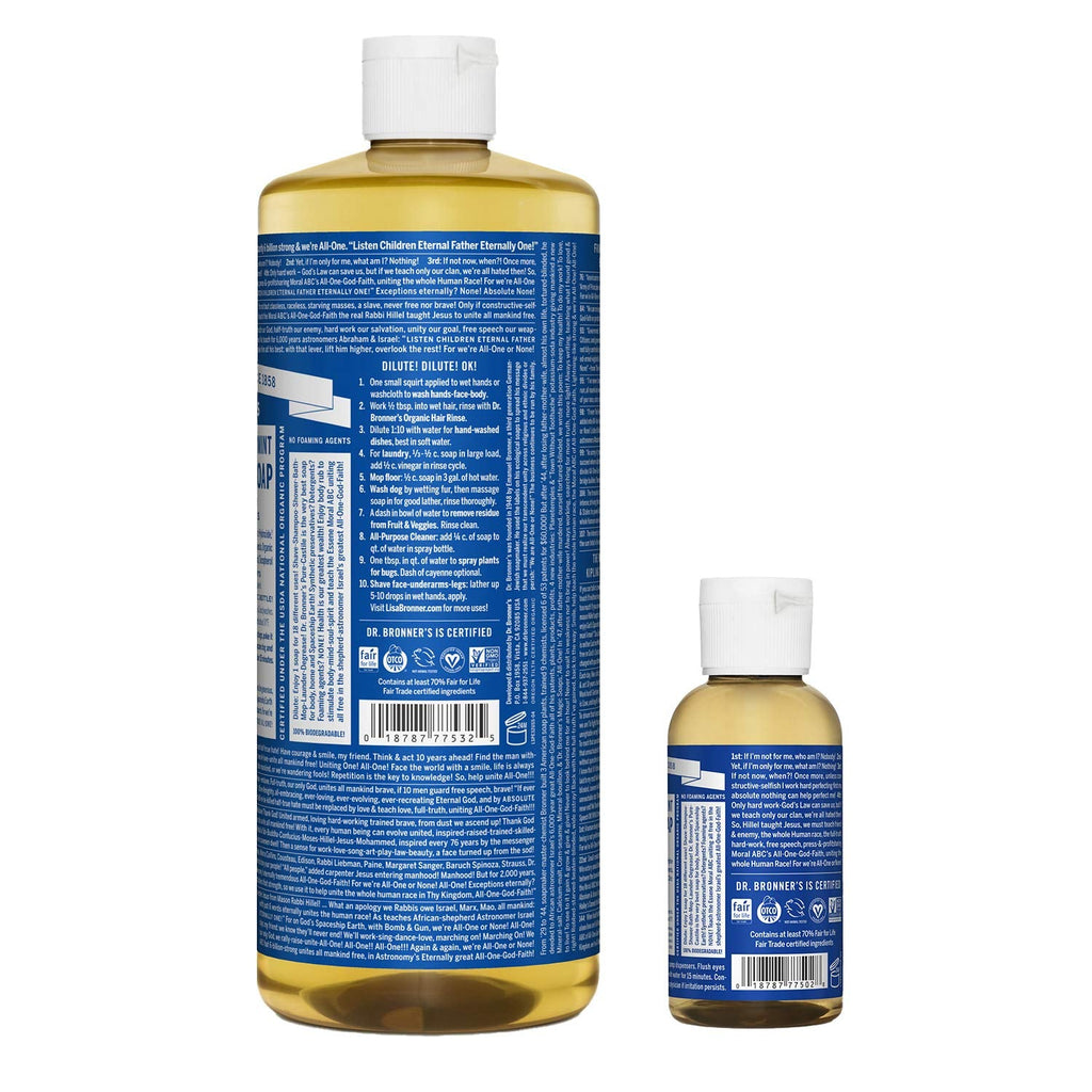 Dr. Bronner's Peppermint Pure-Castile Liquid Soap – 32oz & 2oz Bundle, 18-in-1 Uses, Organic Oils, Vegan, Cruelty-Free