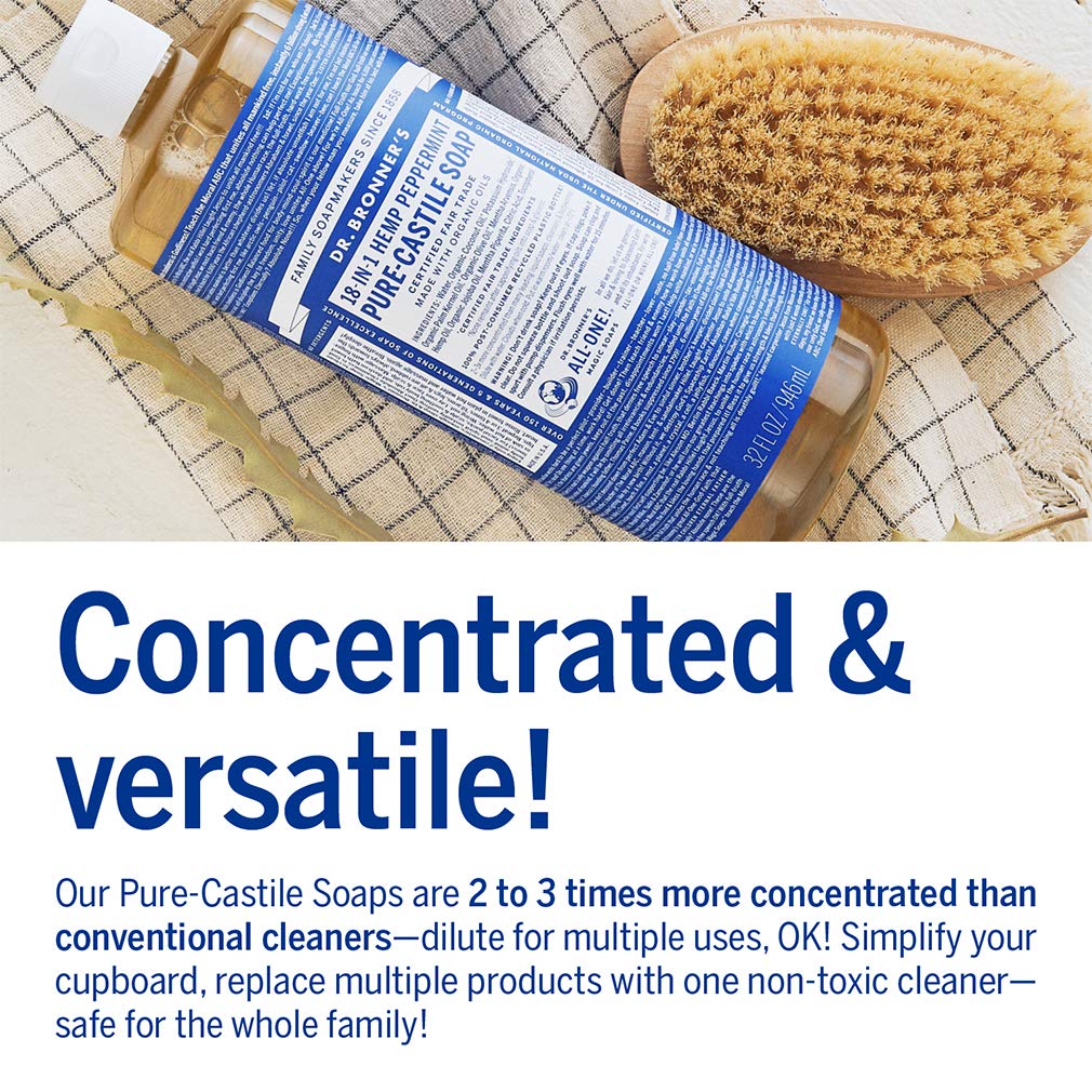 Dr. Bronner's Peppermint Pure-Castile Liquid Soap – 32oz & 2oz Bundle, 18-in-1 Uses, Organic Oils, Vegan, Cruelty-Free
