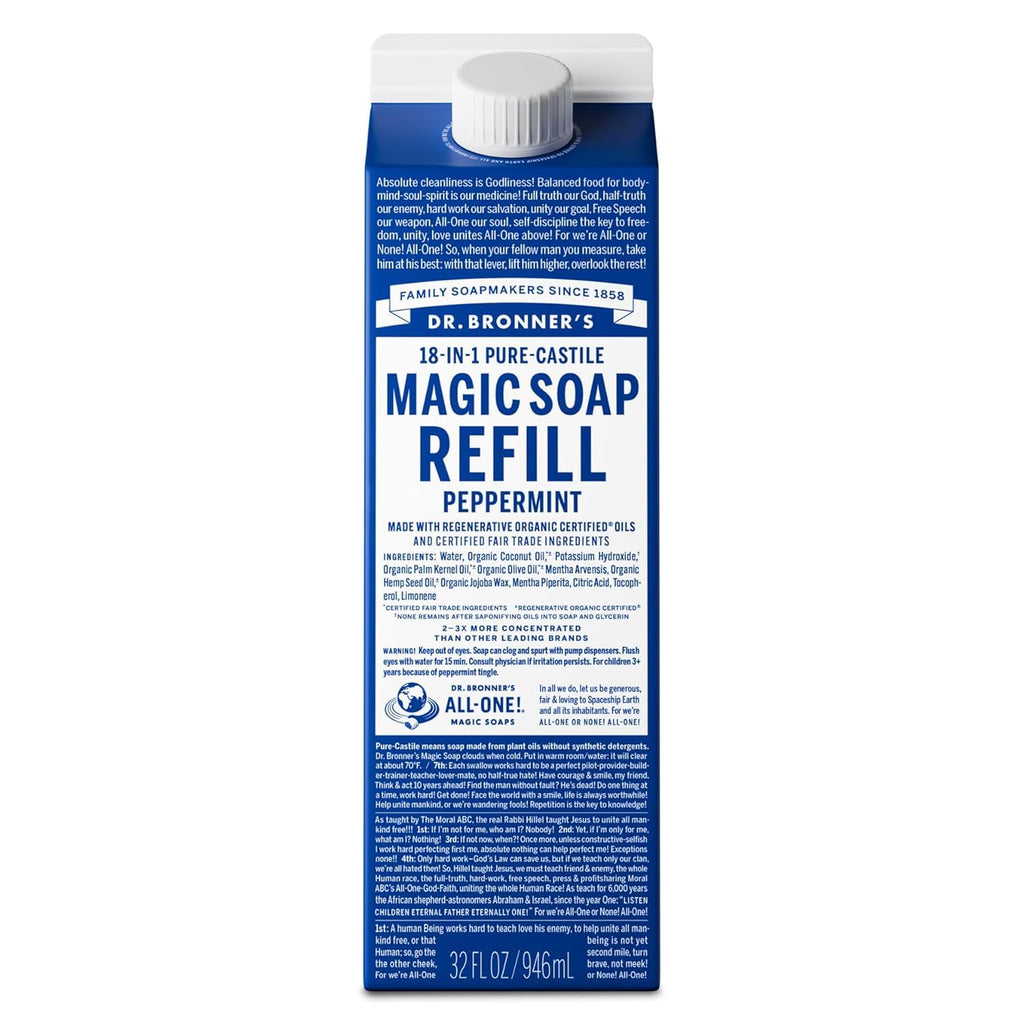Dr. Bronner's Peppermint Pure-Castile Refill (32oz) – Regenerative Oils, 86% Less Plastic