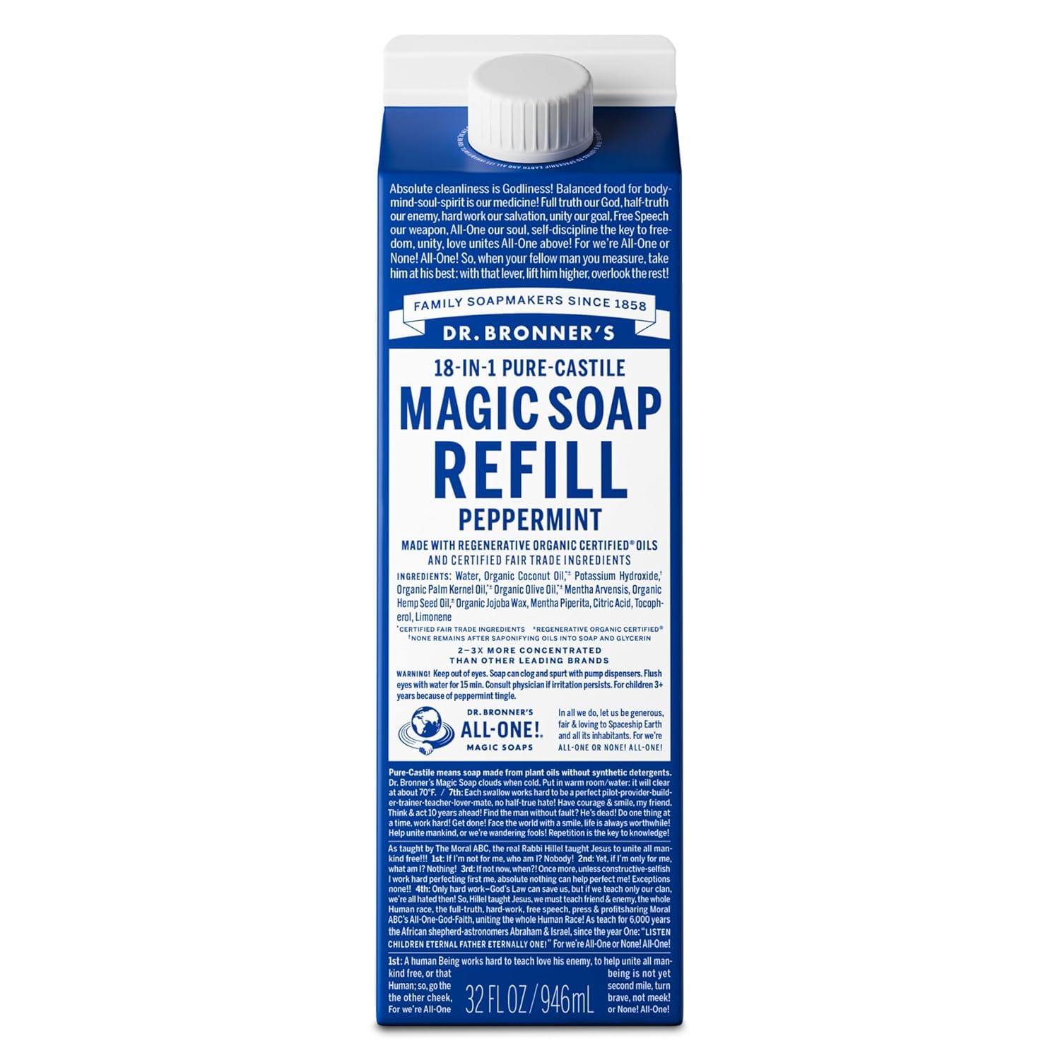 Dr. Bronner's Peppermint Pure-Castile Refill (32oz) – Regenerative Oils, 86% Less Plastic