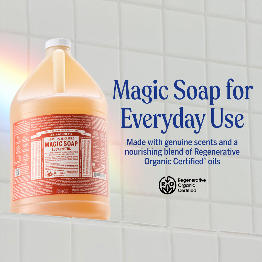 Dr. Bronner's Eucalyptus Pure-Castile Magic Soap Liquid (1 Gallon) – Regenerative Organic Oils, 18-in-1 Uses