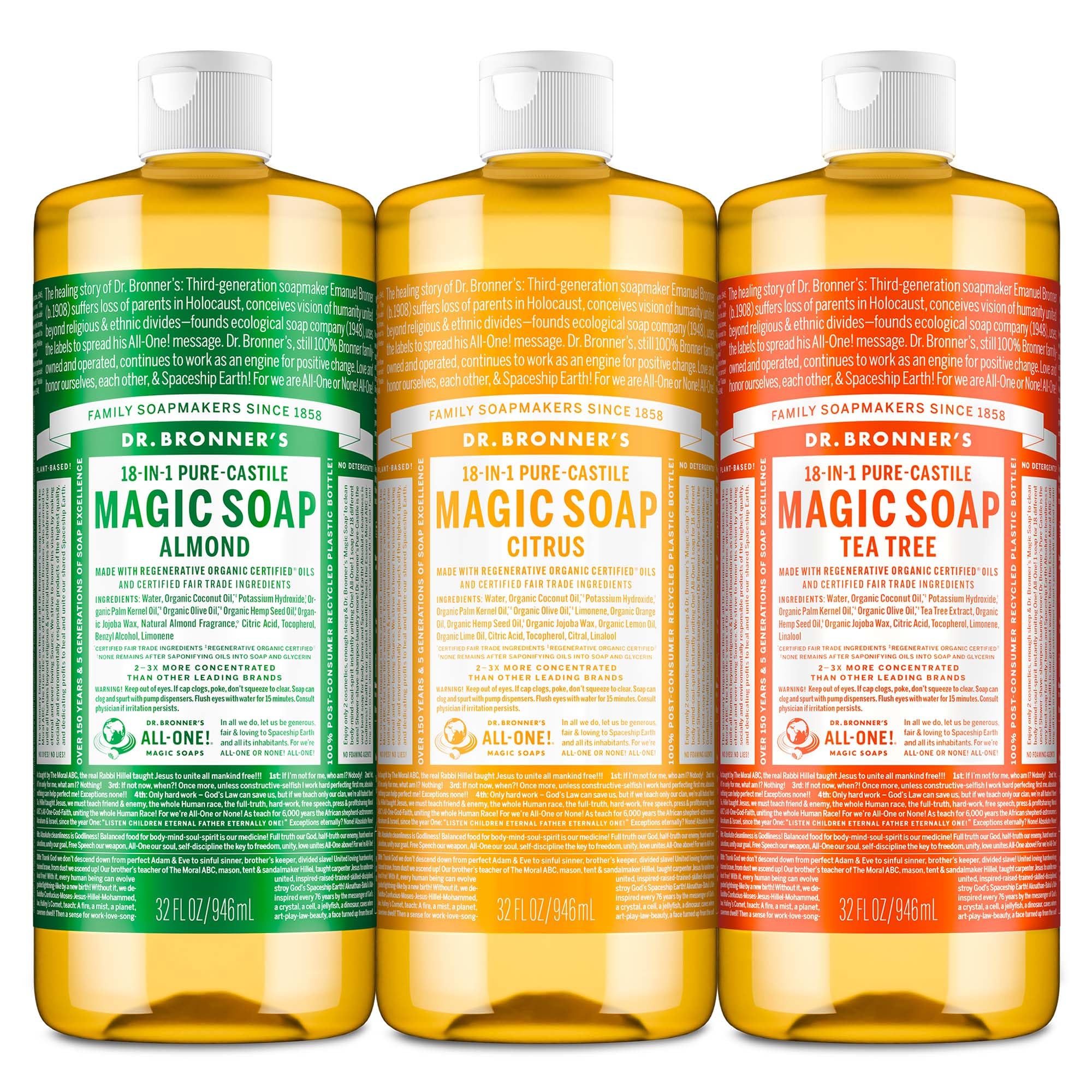 Dr. Bronner's Pure-Castile Magic Liquid Soap – 32 oz (3-Pack) Almond, Citrus, Tea Tree | Multi-Purpose Soap