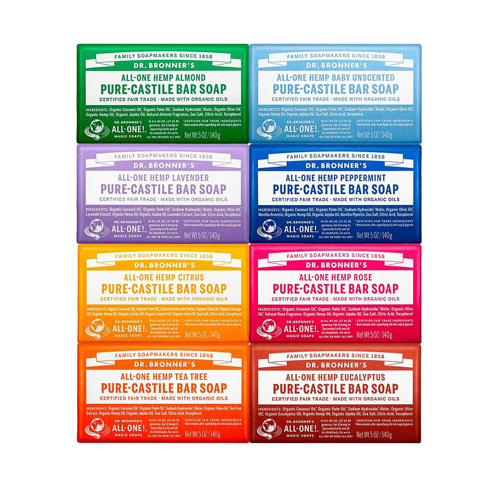 Dr. Bronner's Pure-Castile Magic Bar Soap Variety Pack – 8 x 5 oz, Vegan, Regenerative Organic Oils