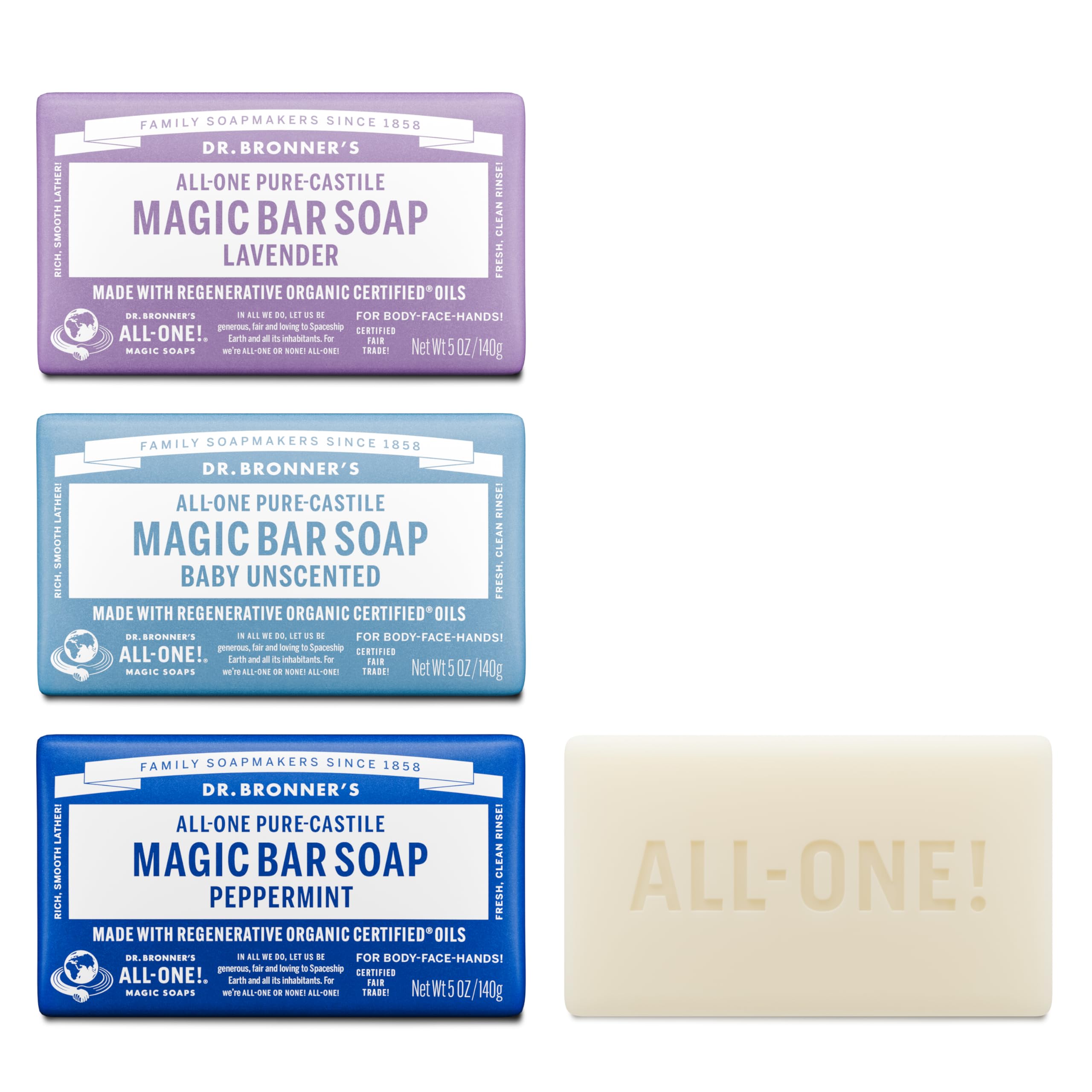 Dr. Bronner's Pure-Castile Magic Bar Soap 3-Pack – Regenerative Organic Oils – Peppermint, Lavender & Unscented