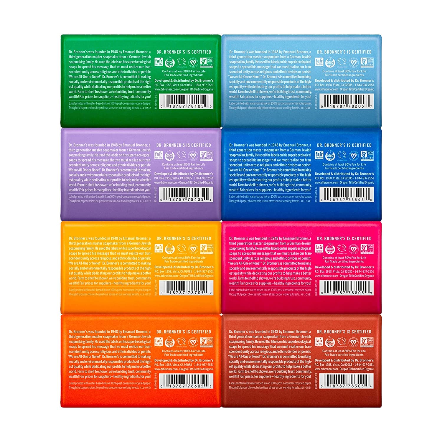 Dr. Bronner's Pure-Castile Magic Bar Soap Variety Pack – 8 x 5 oz, Vegan, Regenerative Organic Oils