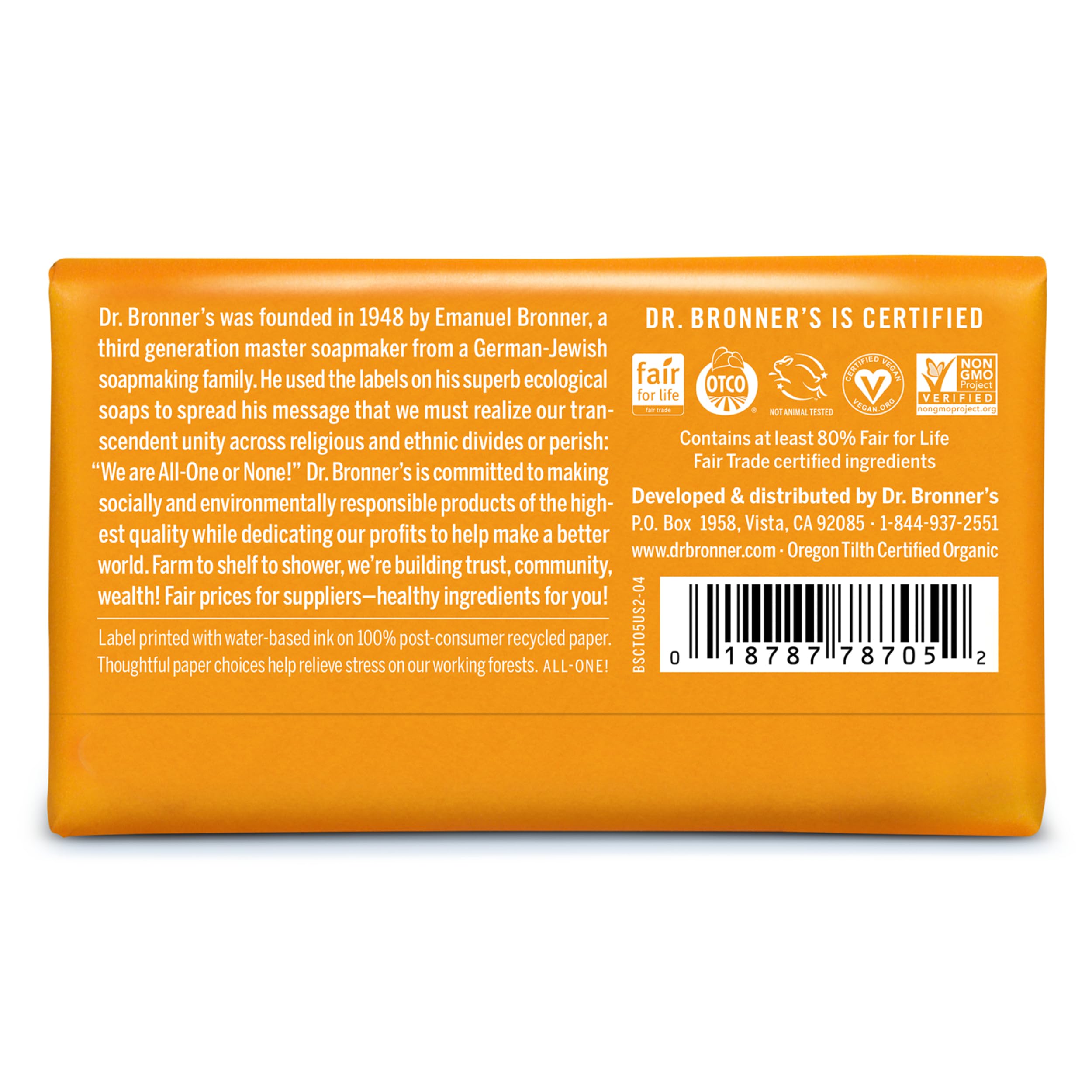 Dr. Bronner's Pure-Castile Citrus Bar Soap – 5oz, 12-Pack | Vegan, Biodegradable
