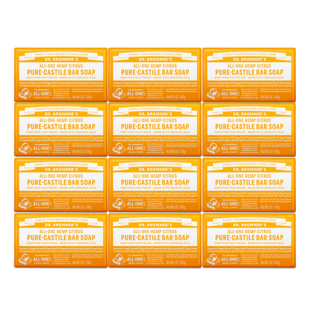 Dr. Bronner's Pure-Castile Citrus Bar Soap – 5oz, 12-Pack | Vegan, Biodegradable