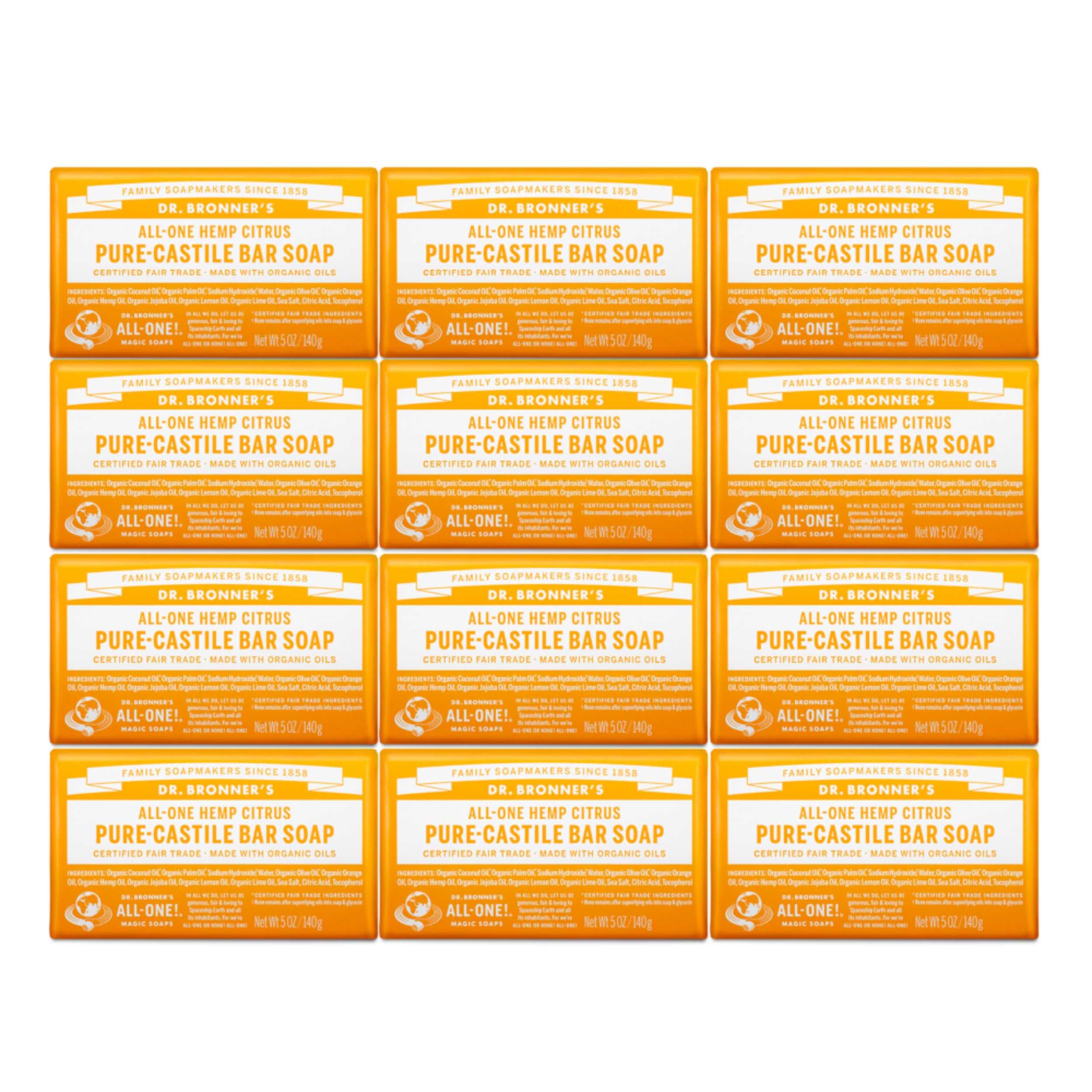 Dr. Bronner's Pure-Castile Citrus Bar Soap – 5oz, 12-Pack | Vegan, Biodegradable