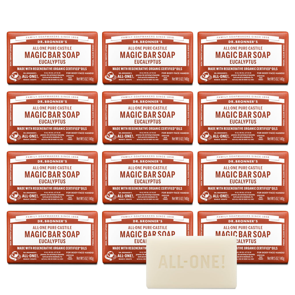 Dr. Bronner's Pure-Castile Magic Bar Soap – Eucalyptus, 5oz, 12-Pack | Vegan, Cruelty-Free, Non-GMO