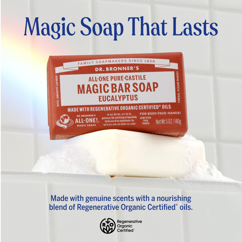 Dr. Bronner's Pure-Castile Magic Bar Soap – Eucalyptus, 5oz, 12-Pack | Vegan, Cruelty-Free, Non-GMO
