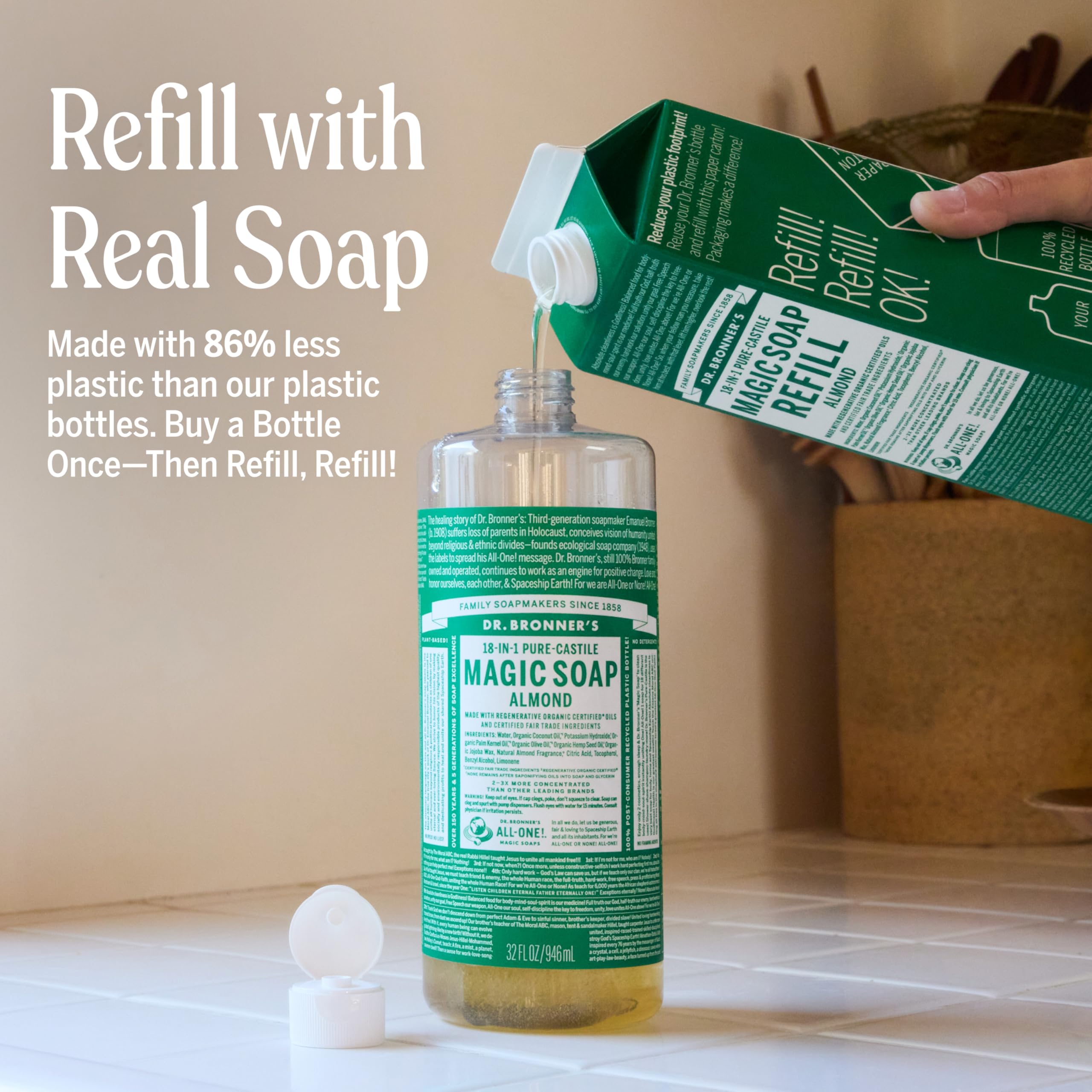 Dr. Bronner's Pure-Castile Almond Soap Liquid – Regenerative Organic Oils, 32oz + Refill