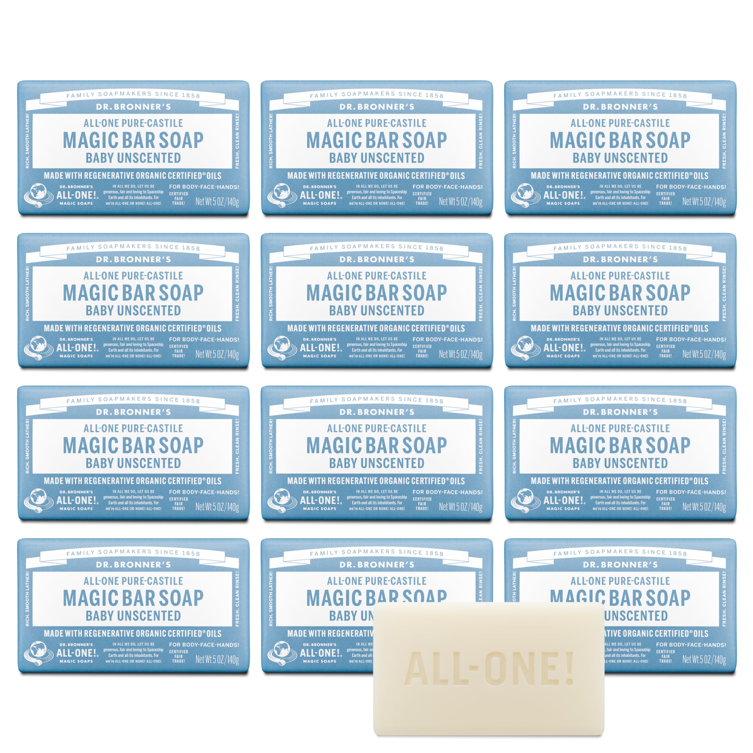 Dr. Bronner's Pure-Castile Magic Bar Soap Baby Unscented – Regenerative Organic Oils, 12-Pack
