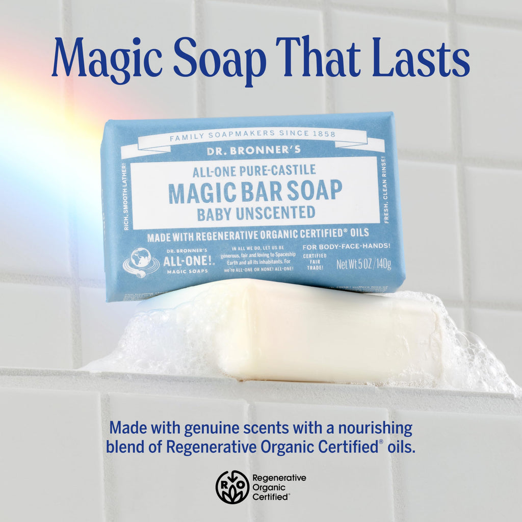 Dr. Bronner's Pure-Castile Magic Bar Soap Baby Unscented – Regenerative Organic Oils, 12-Pack