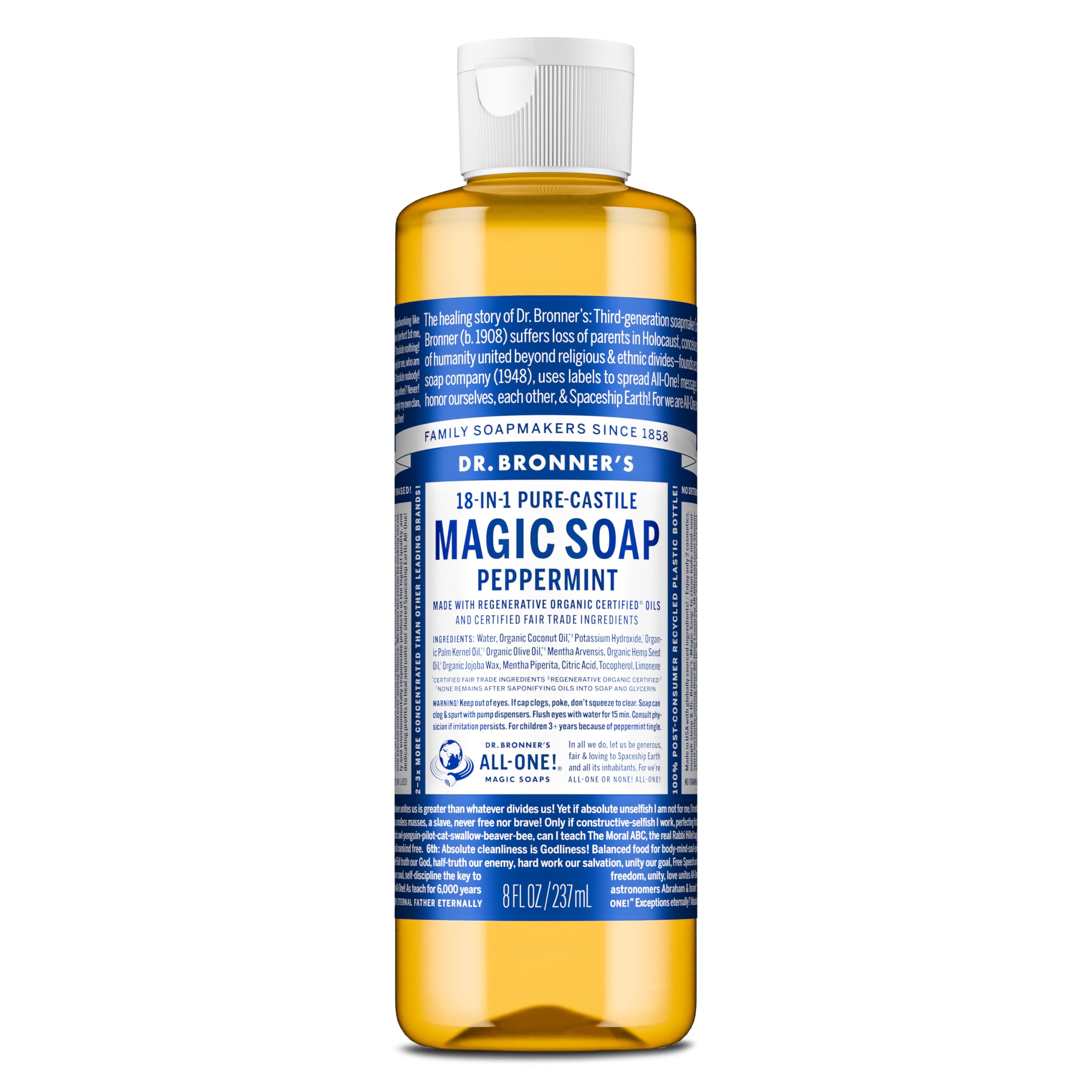 Dr. Bronner's Pure-Castile Peppermint Soap (8 oz) – 18-in-1 Uses, Organic & Fair Trade