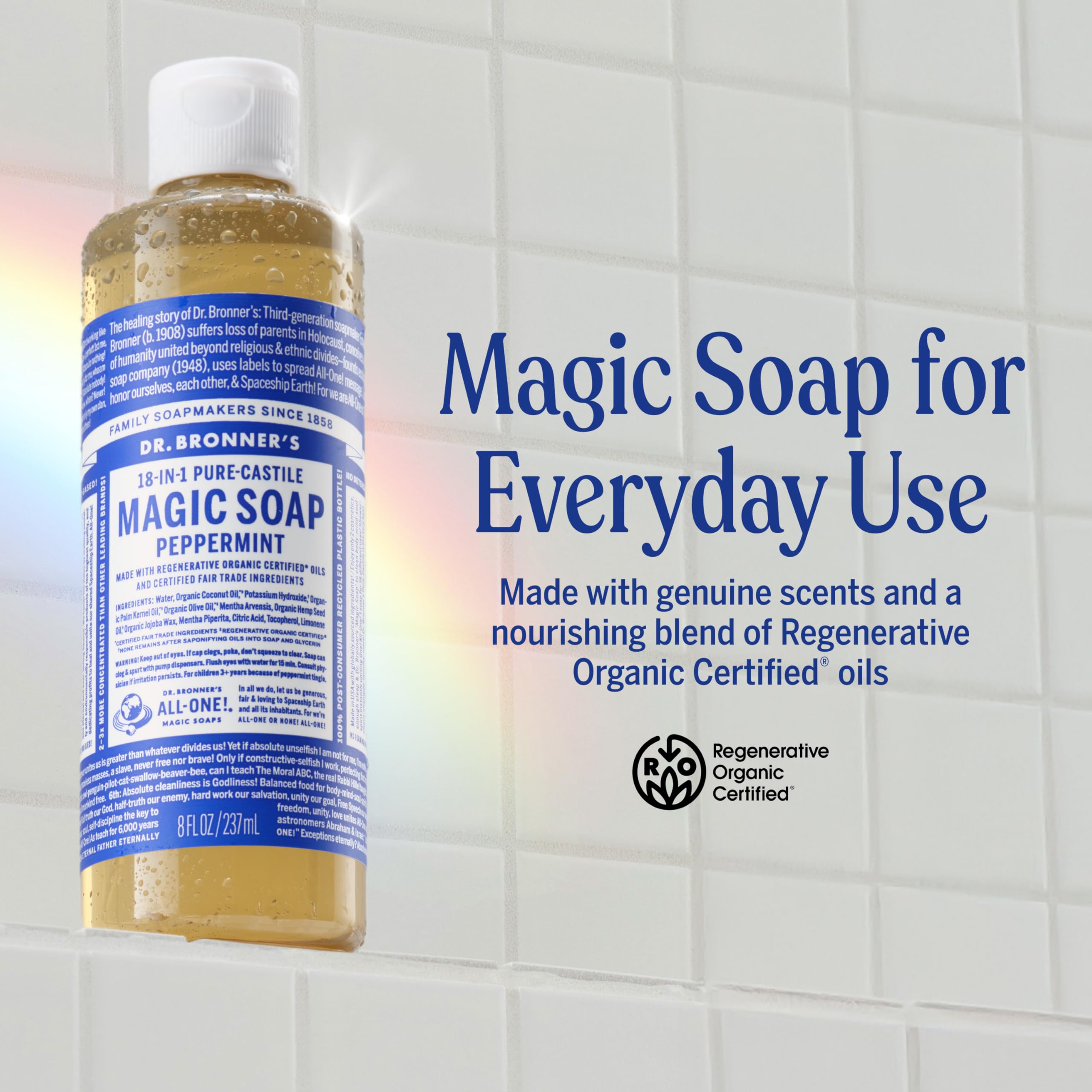 Dr. Bronner's Pure-Castile Peppermint Soap (8 oz) – 18-in-1 Uses, Organic & Fair Trade