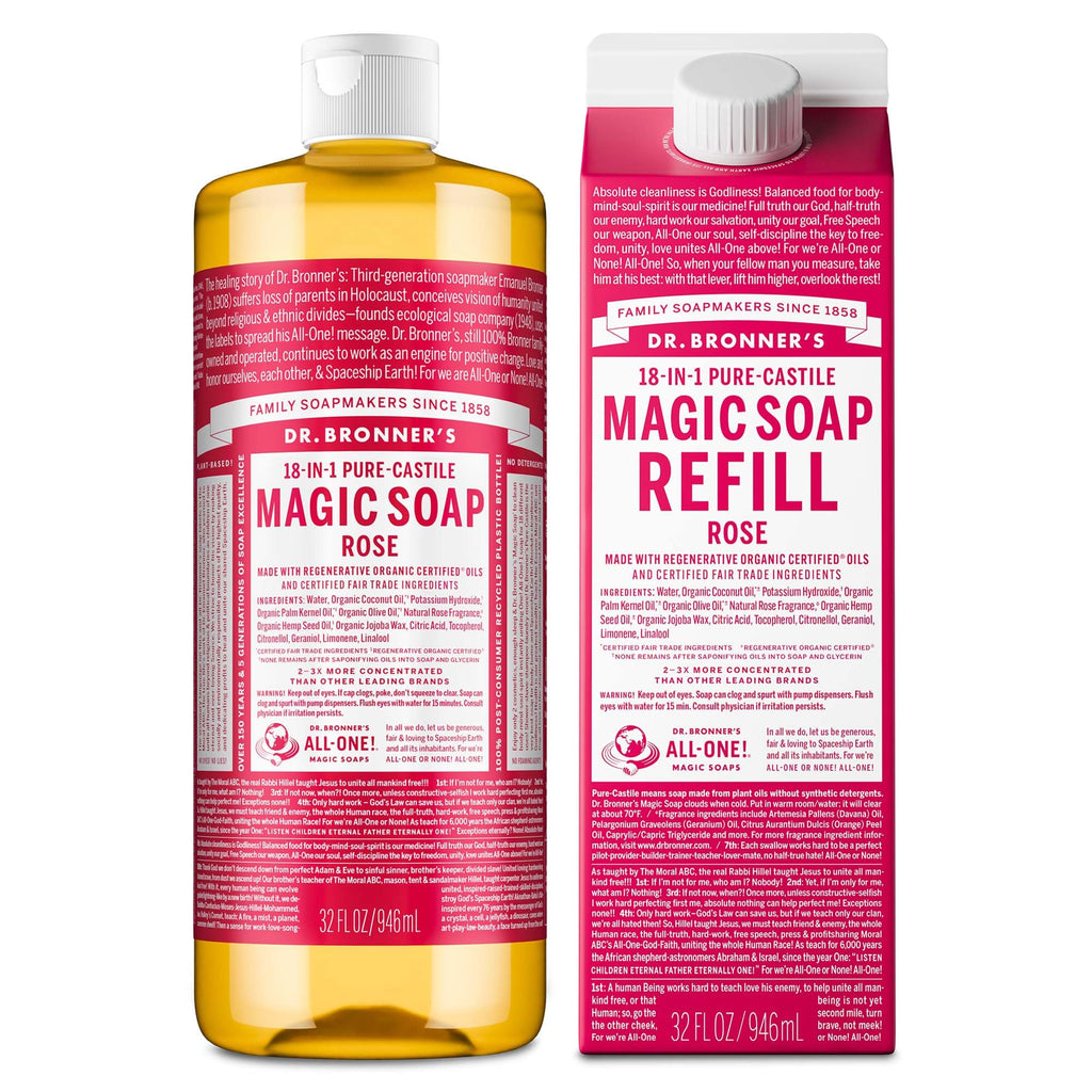 Dr. Bronner's Rose Pure-Castile Soap Liquid – Regenerative Organic Oils, 32oz + Refill