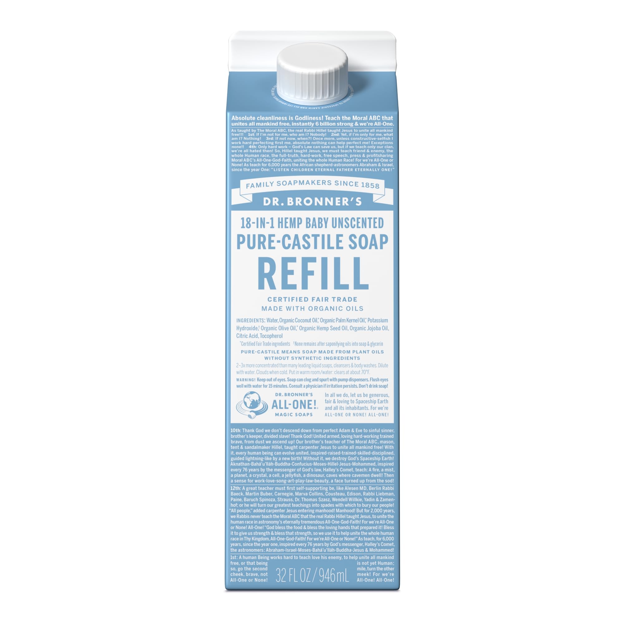 Dr. Bronner's Pure-Castile Soap Refill (32oz) – Regenerative Organic Oils, 86% Less Plastic, Baby Unscented, 18-in-1 Uses
