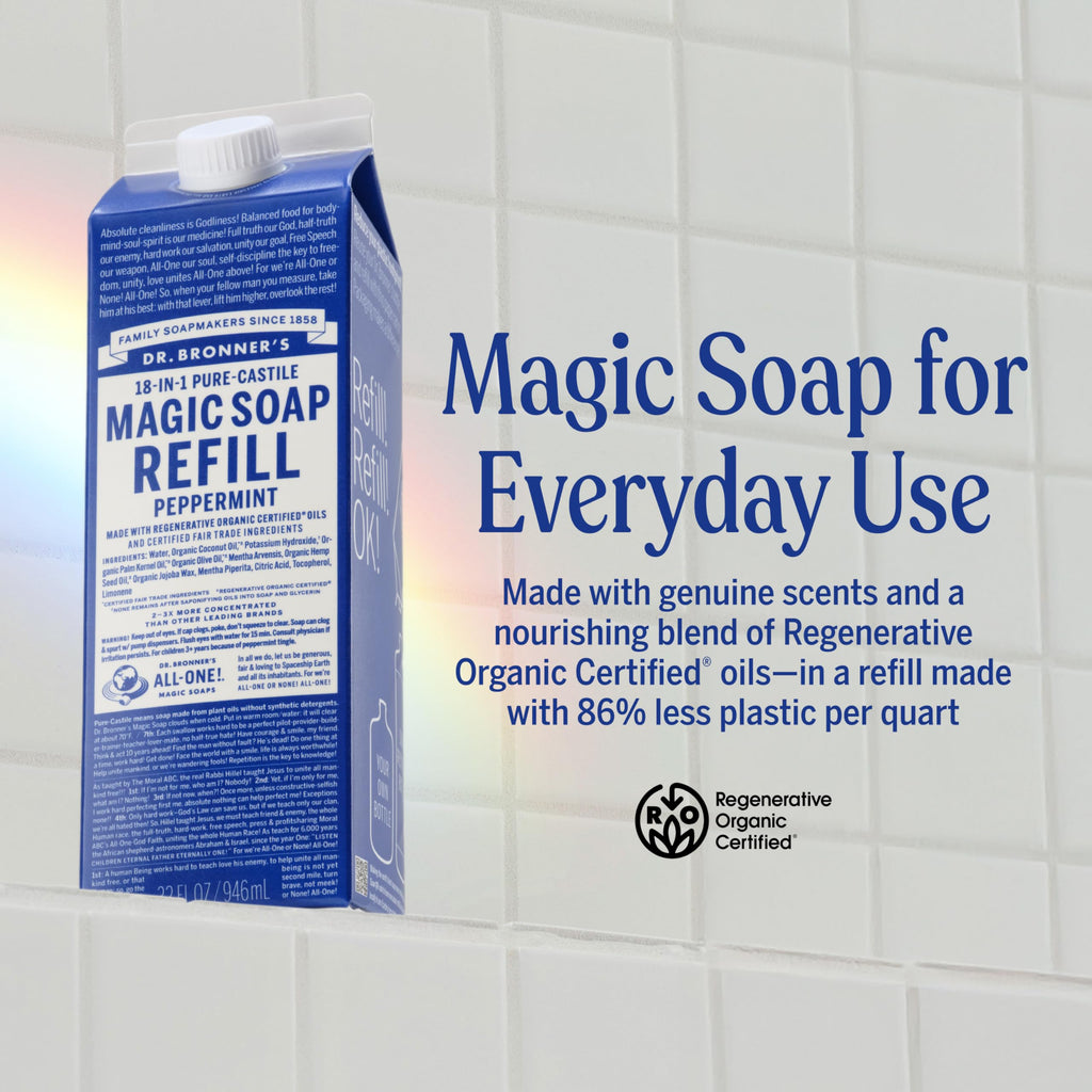 Dr. Bronner's Peppermint Pure-Castile Refill (32oz) – Regenerative Oils, 86% Less Plastic