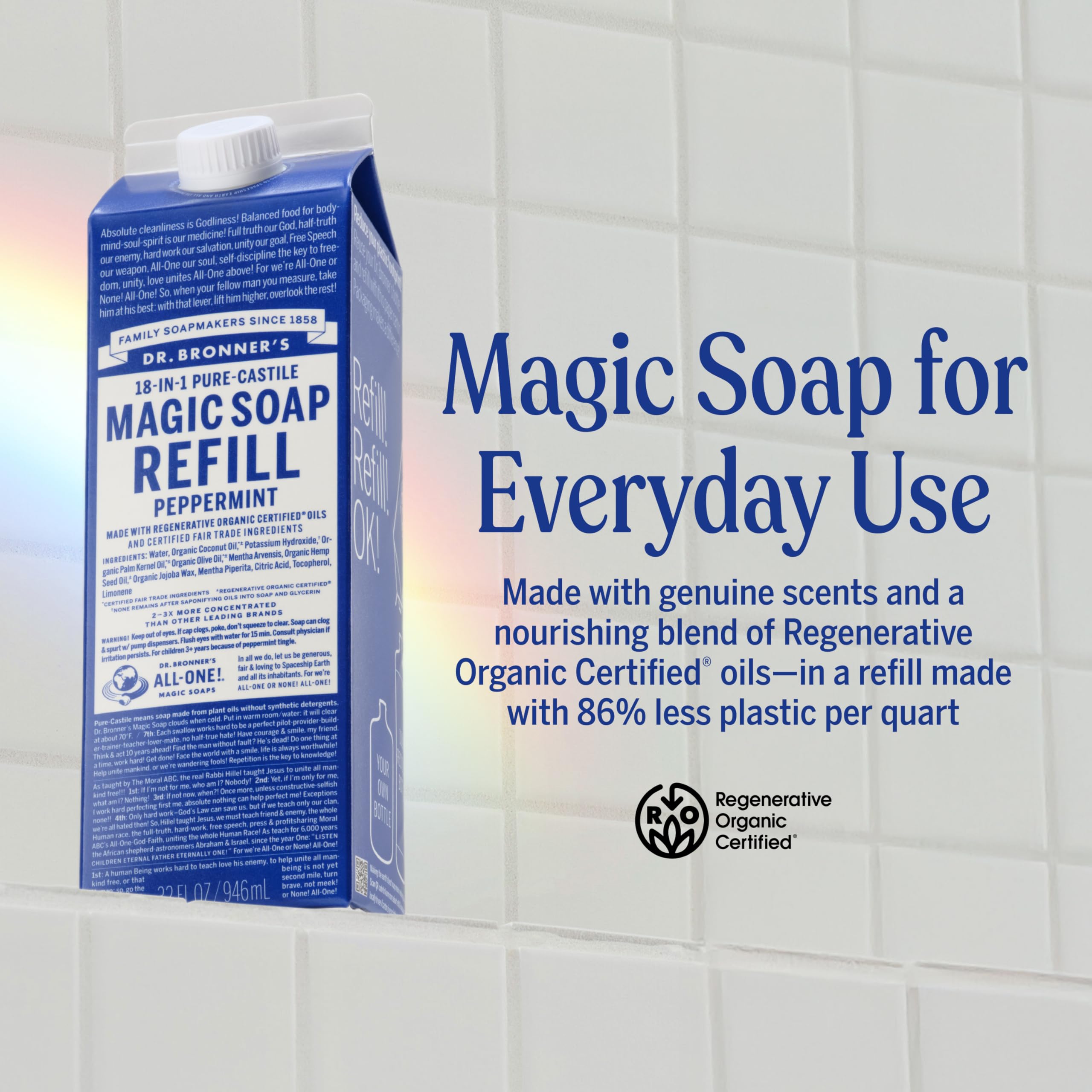 Dr. Bronner's Peppermint Pure-Castile Refill (32oz) – Regenerative Oils, 86% Less Plastic