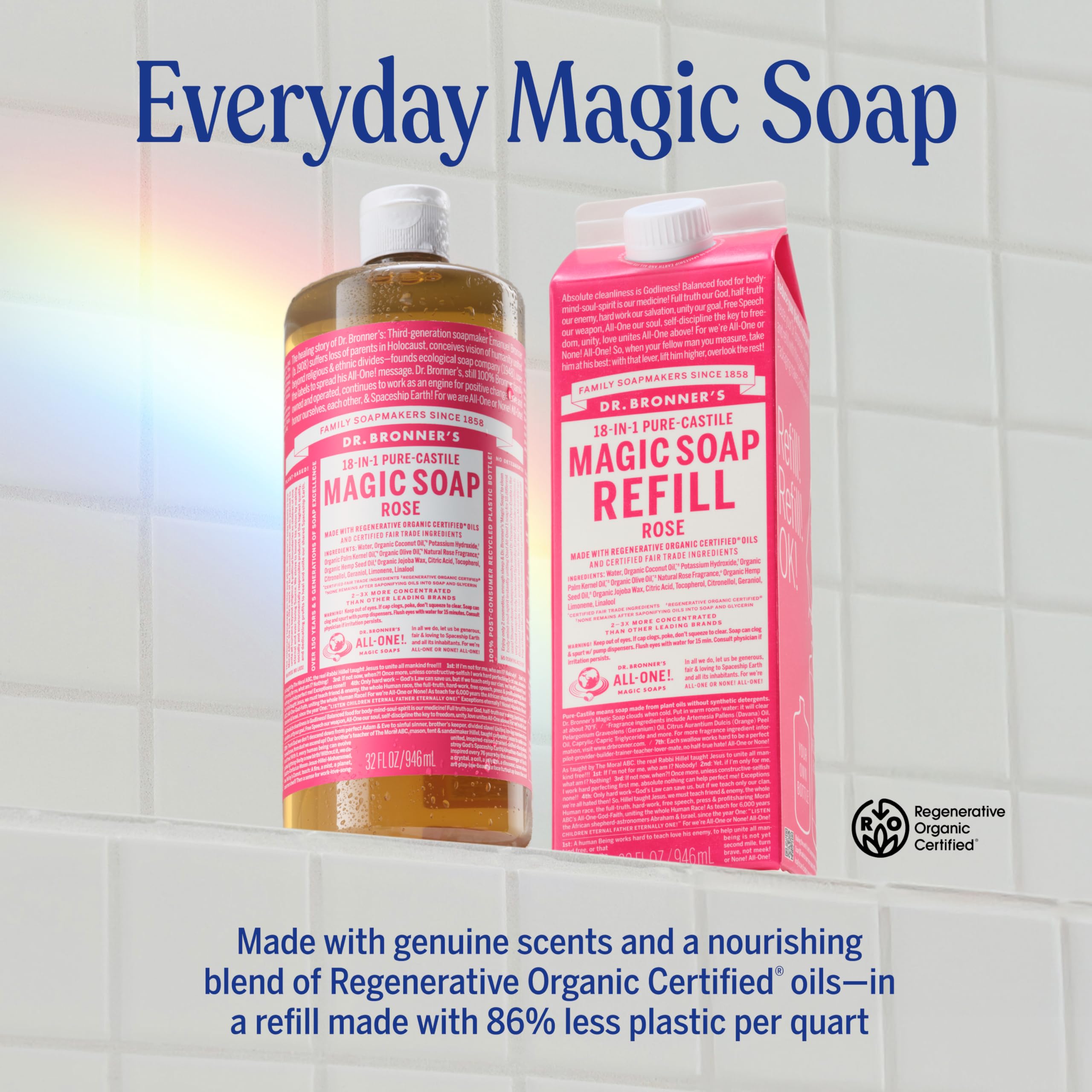 Dr. Bronner's Rose Pure-Castile Soap Liquid – Regenerative Organic Oils, 32oz + Refill