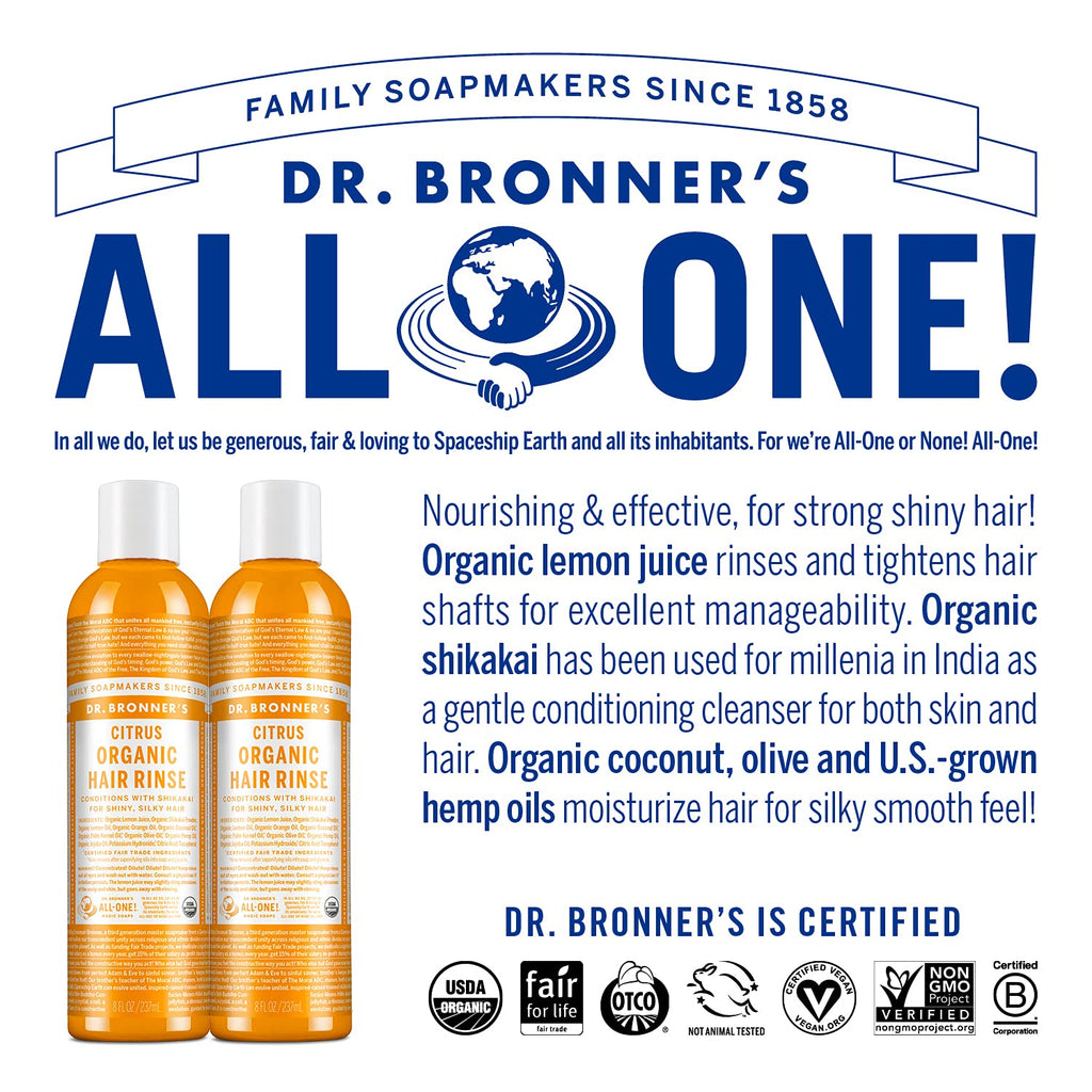 Dr. Bronner's Organic Hair Rinse – Citrus Orange (2-Pack) | Lightweight Conditioning with Shikakai & Oils