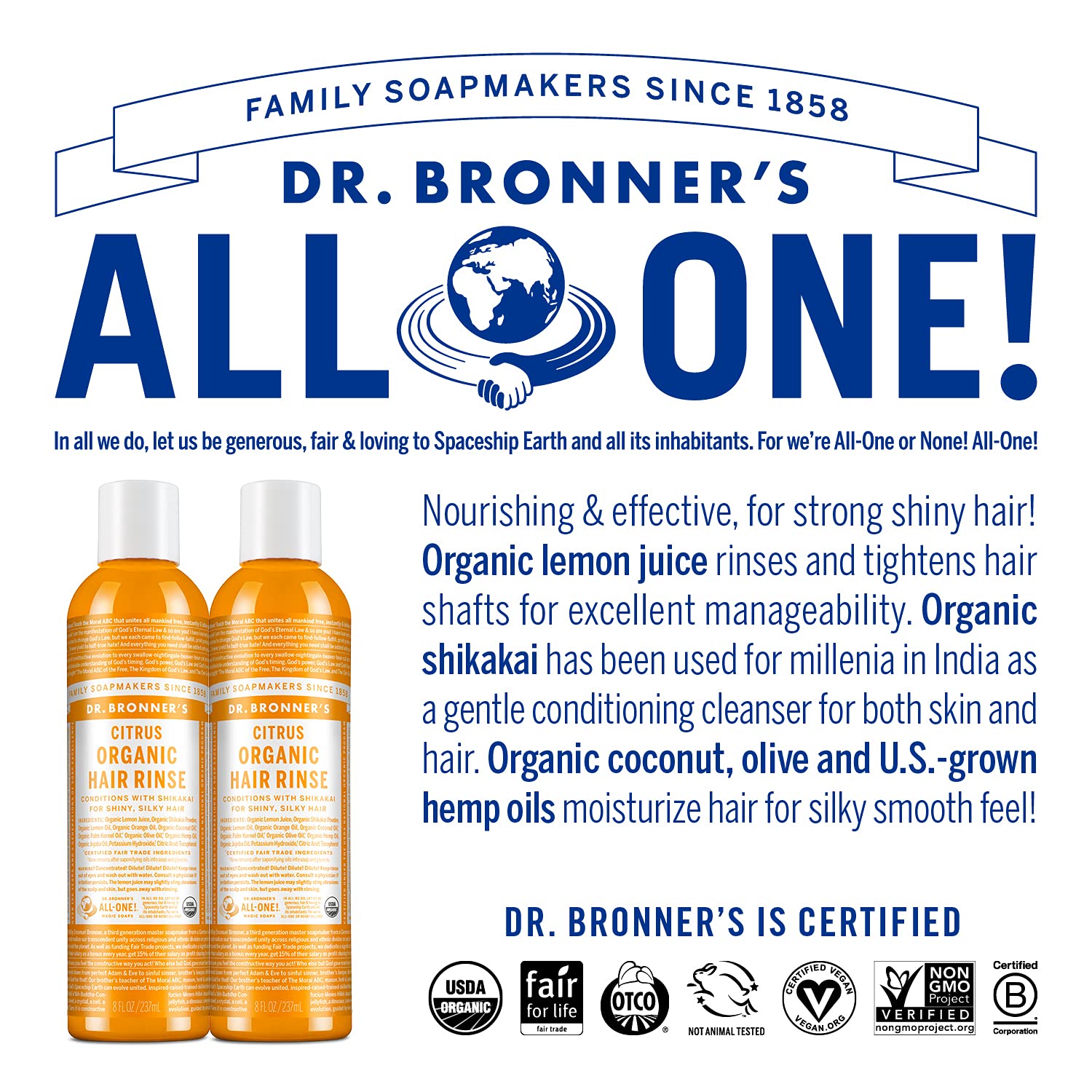 Dr. Bronner's Organic Hair Rinse – Citrus Orange (2-Pack) | Lightweight Conditioning with Shikakai & Oils