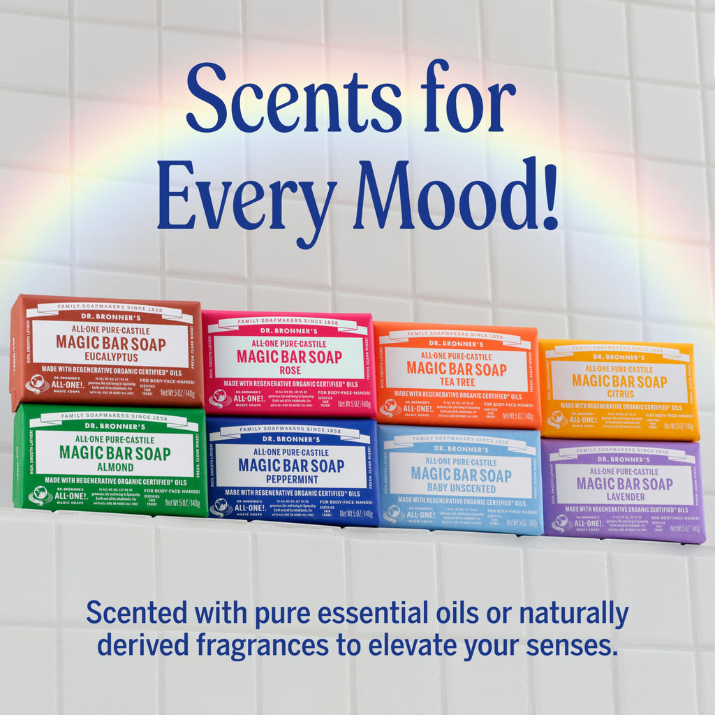 Dr. Bronner's Tea Tree Pure-Castile Magic Bar Soap – Regenerative Organic Oils, Face/Body/Hair (5oz, 12-Pack)