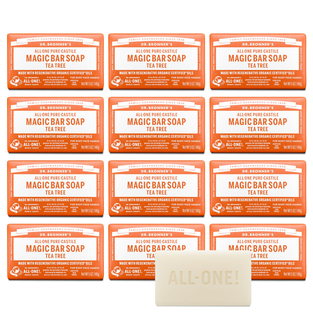 Dr. Bronner's Tea Tree Pure-Castile Magic Bar Soap – Regenerative Organic Oils, Face/Body/Hair (5oz, 12-Pack)