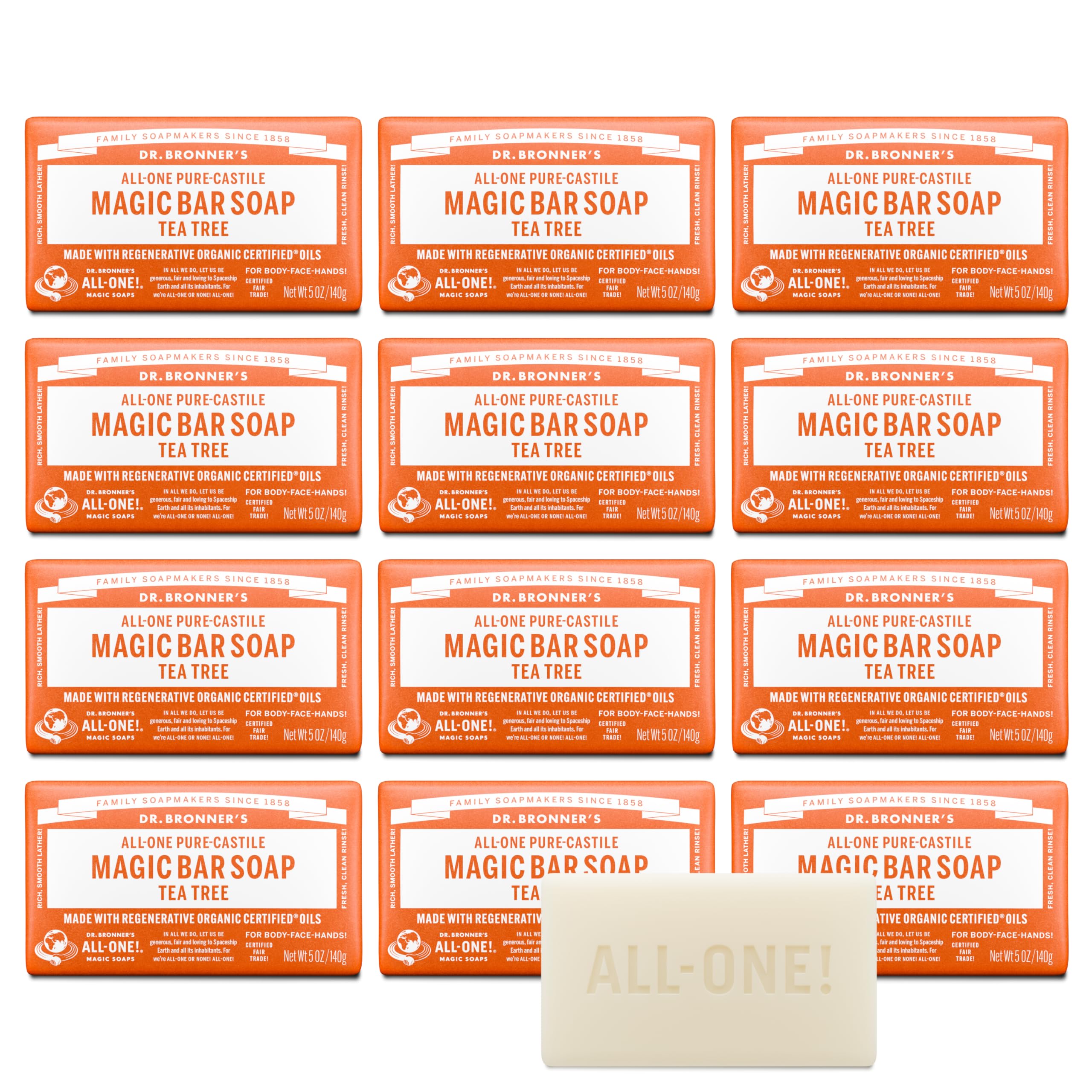 Dr. Bronner's Tea Tree Pure-Castile Magic Bar Soap – Regenerative Organic Oils, Face/Body/Hair (5oz, 12-Pack)